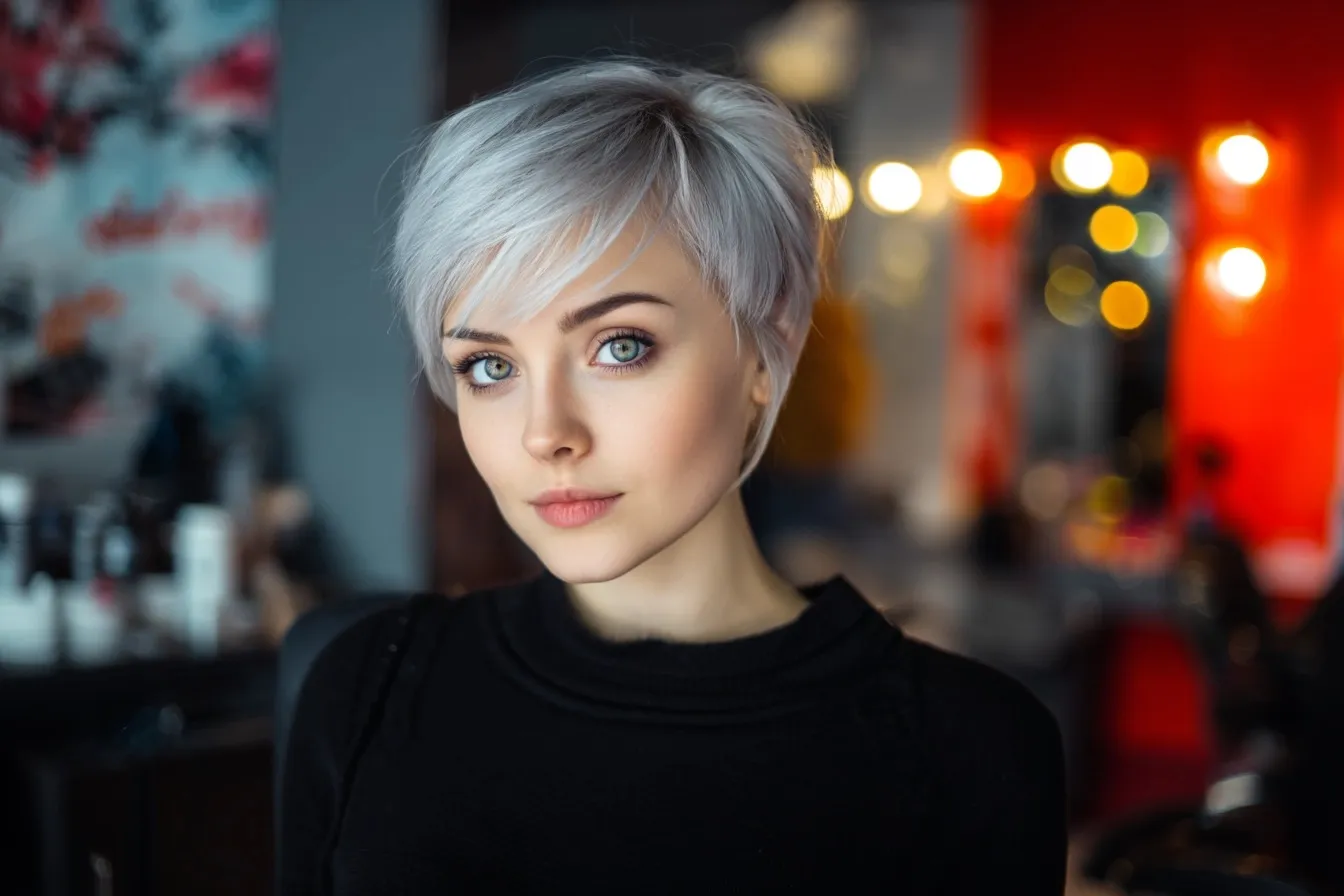 A 30-year-old woman with a silver pixie-bob haircut sitting in a professional beauty salon.