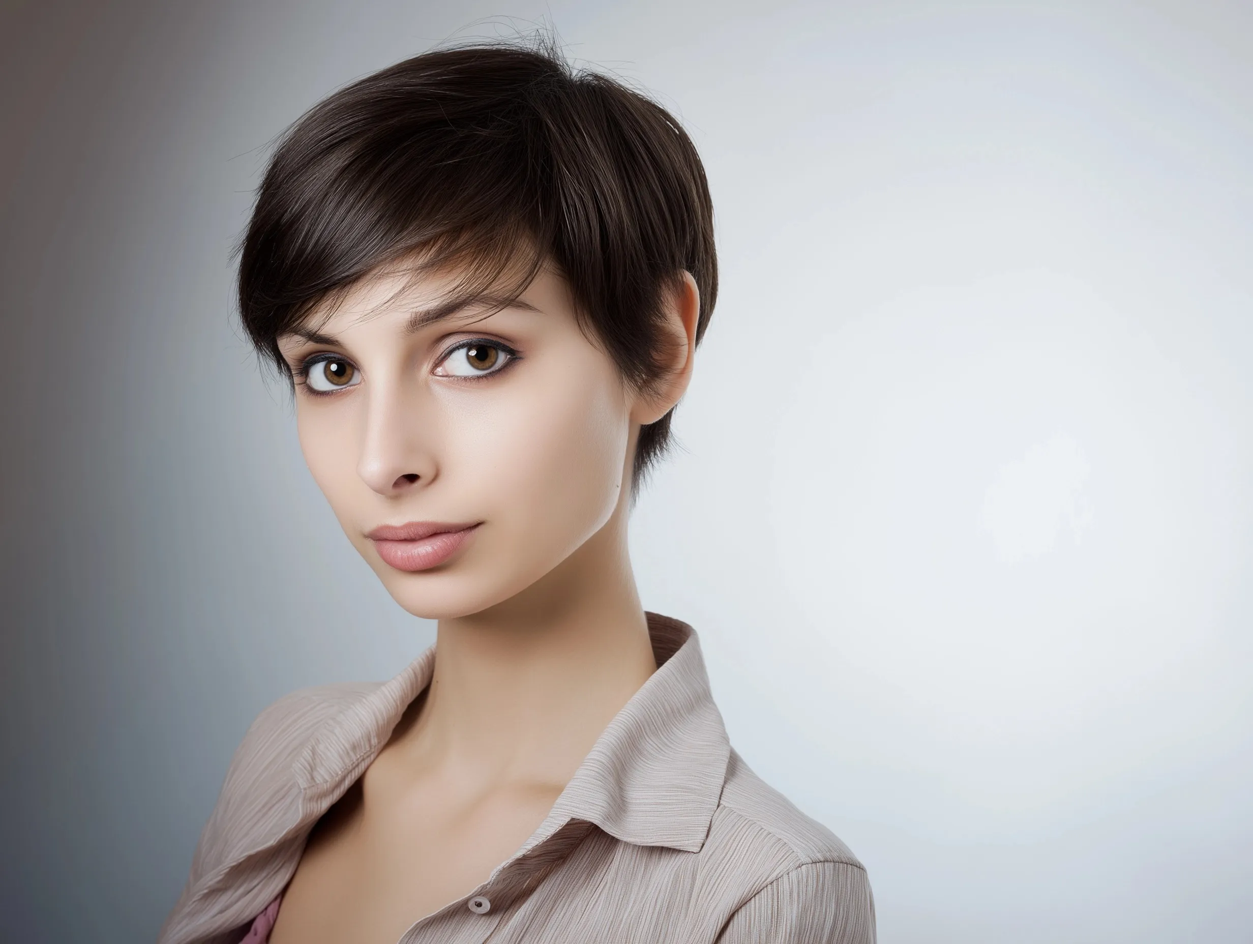 A young, attractive woman with a stylish dark pixie cut hairstyle posing confidently.