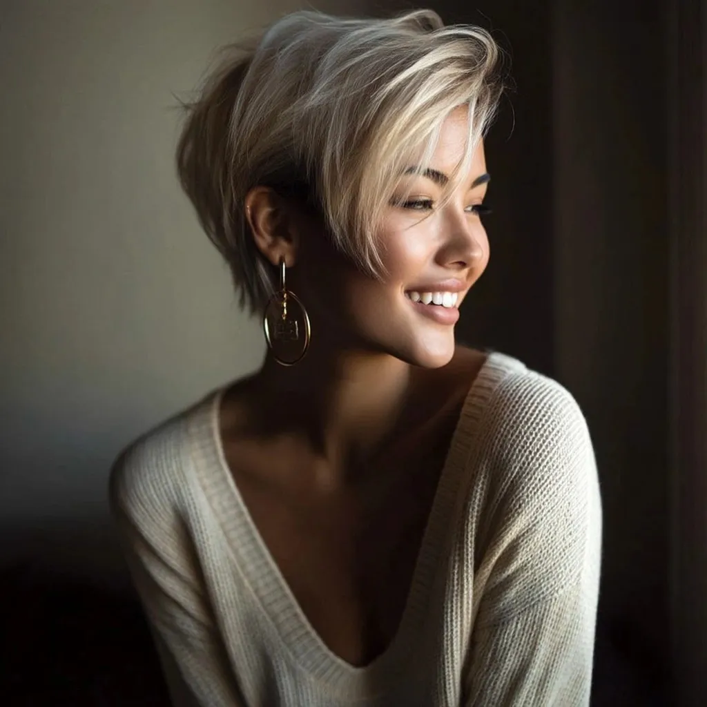 A beautiful mixed-race Asian and Latina woman with a stylish short blonde pixie cut smiling for a portrait.