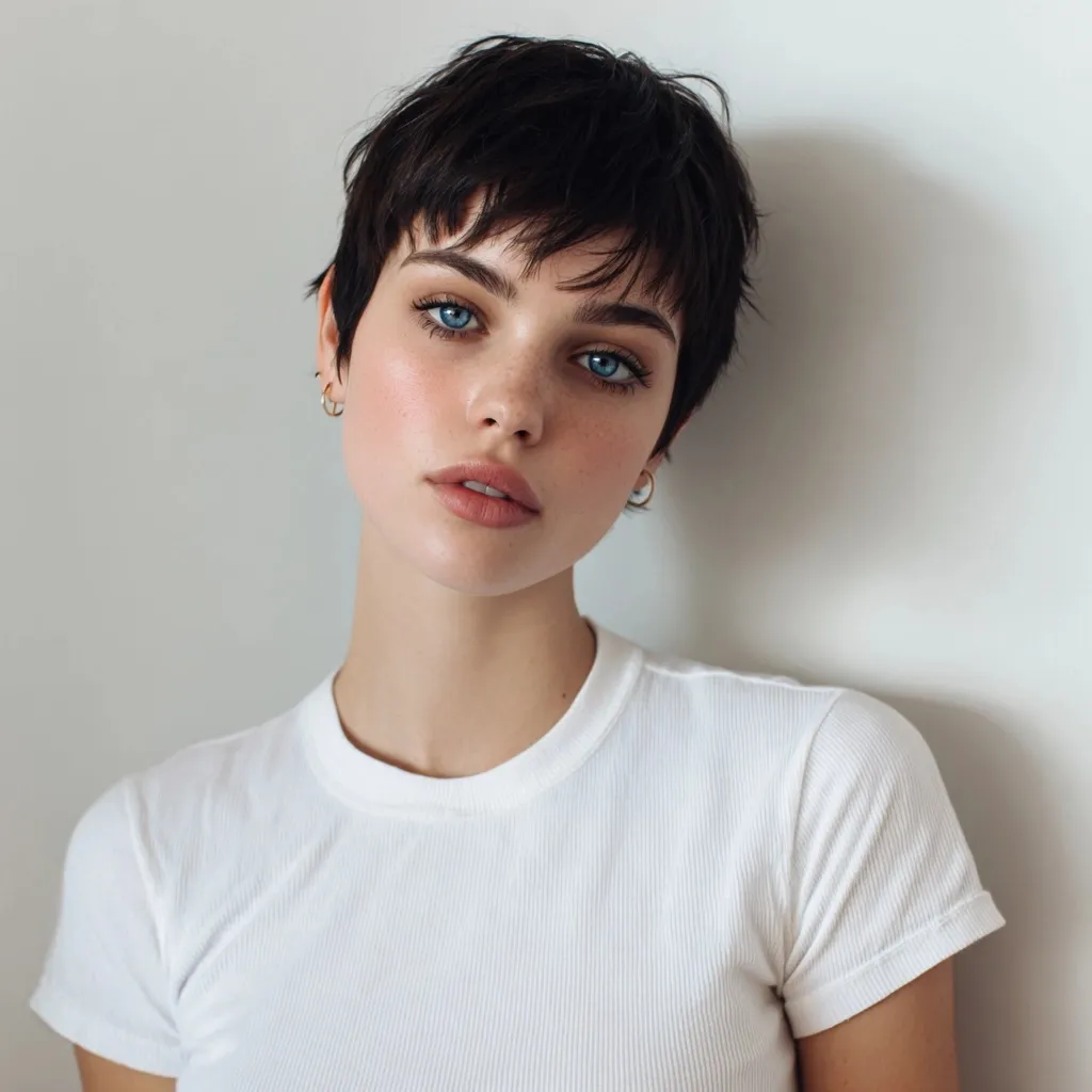 A girl with a short dark pixie cut and blue eyes wearing a white t-shirt against a minimalist white background.