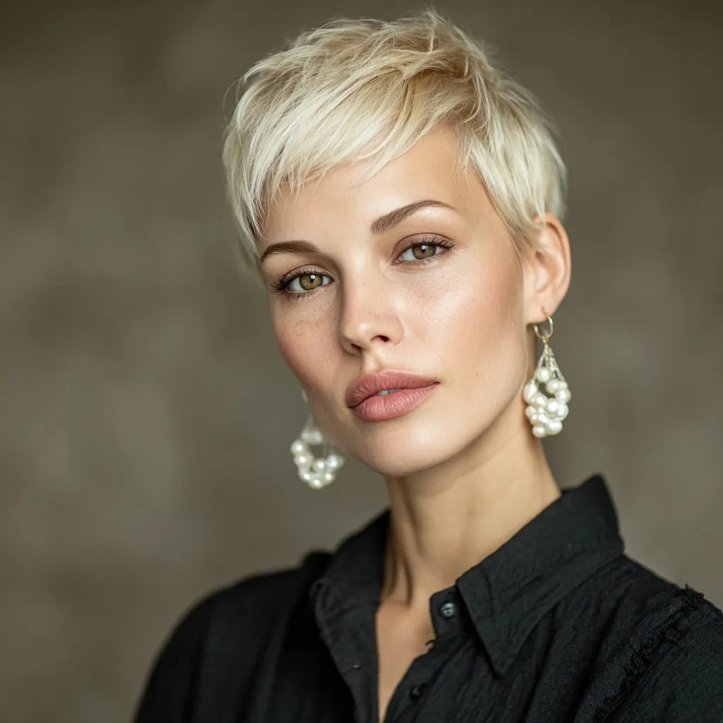 A beautiful woman of Slavic appearance with a stylish short blond pixie cut hairstyle.