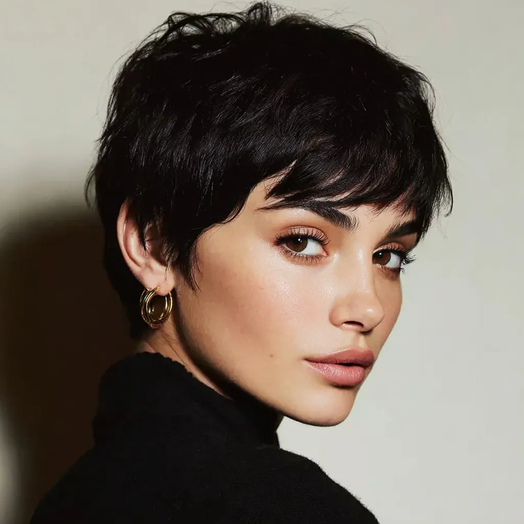 A beautiful young woman with a trendy, stylish pixie cut hairstyle posing confidently.