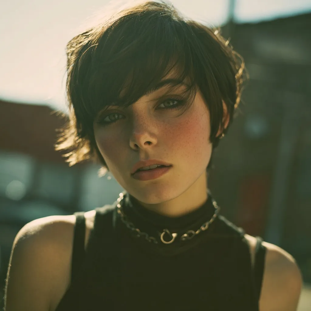 A girl with a stylish, high-quality pixie cut hairstyle posing confidently.