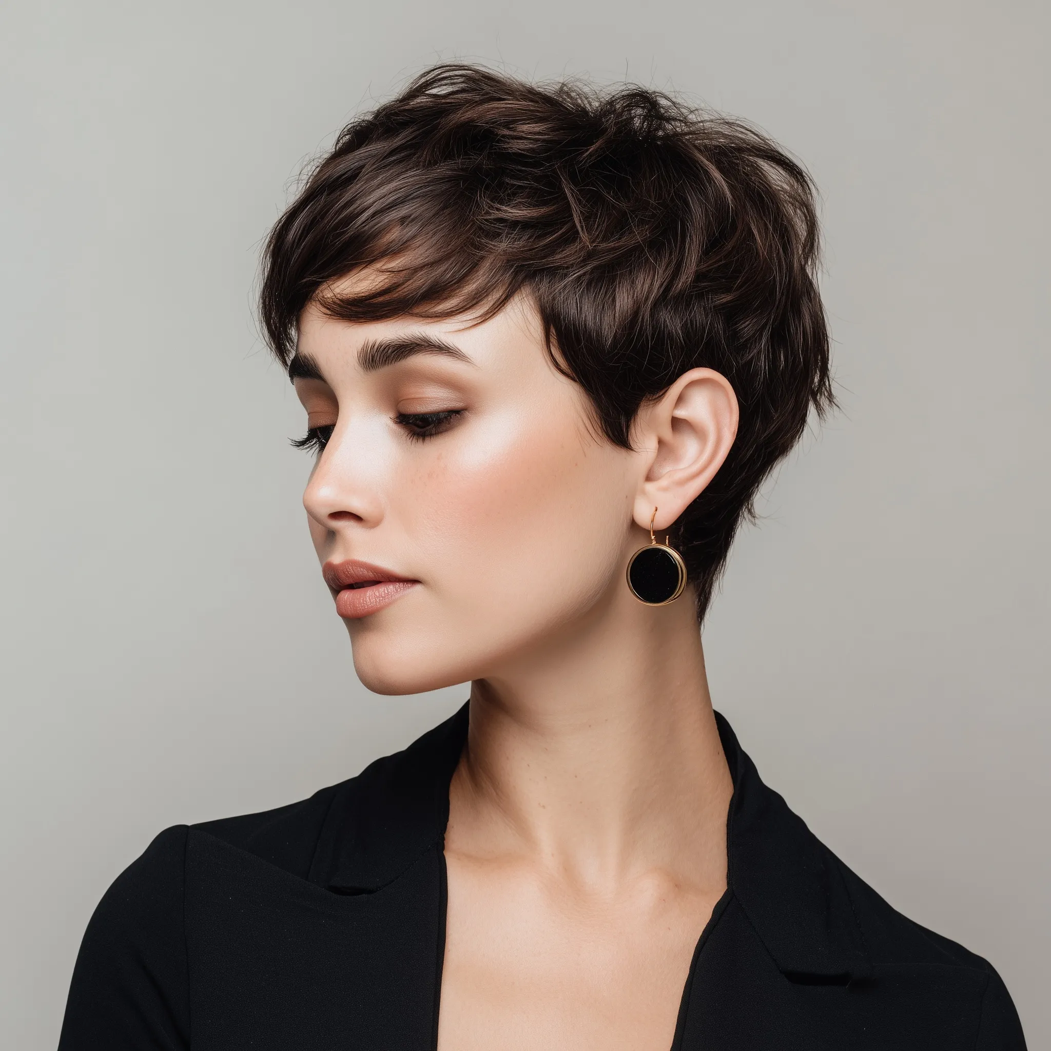 A stylish woman with a trendy, modern pixie haircut posing for a professional portrait.