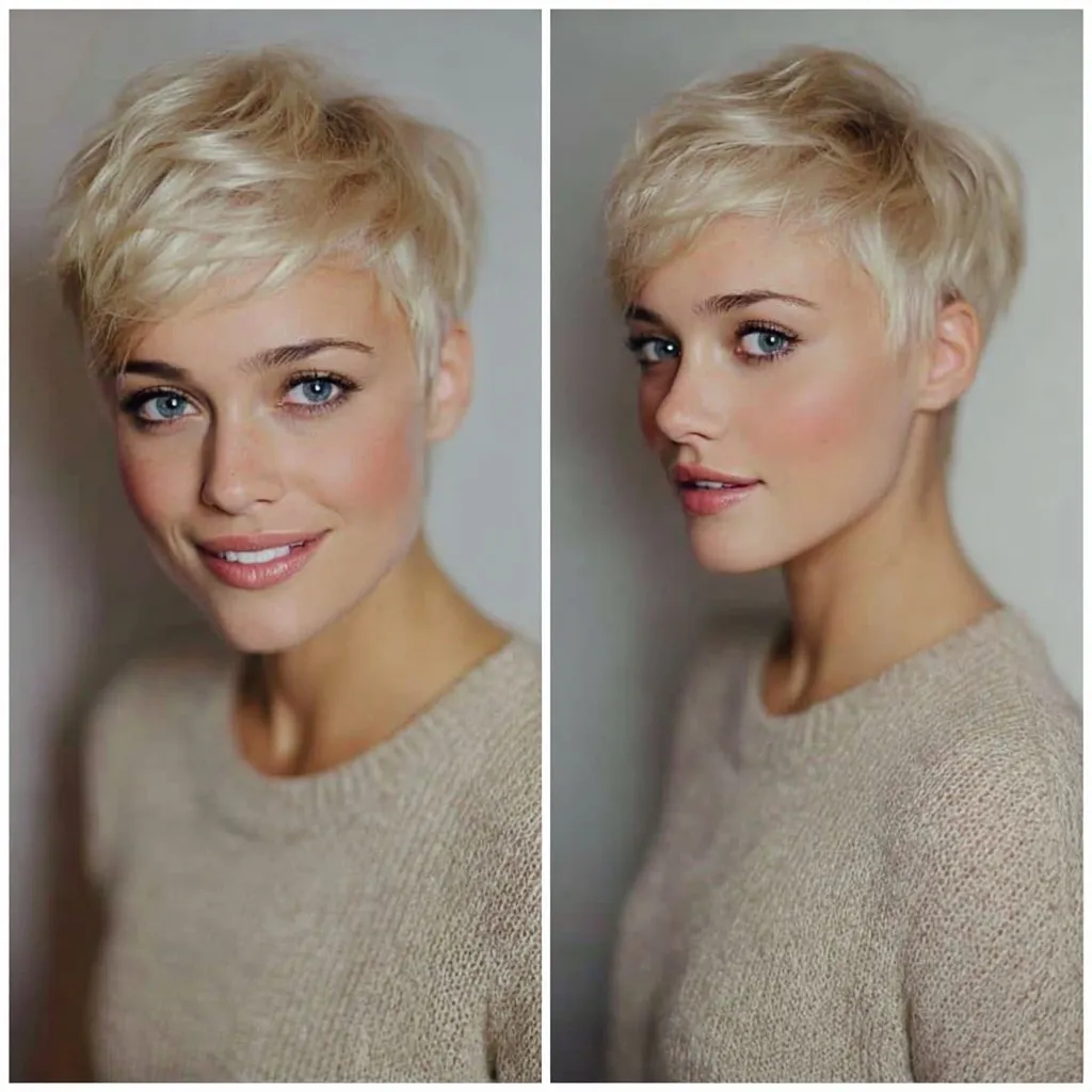 A stylish woman with a short, trendy pixie cut hairstyle, showcasing a chic and modern aesthetic.