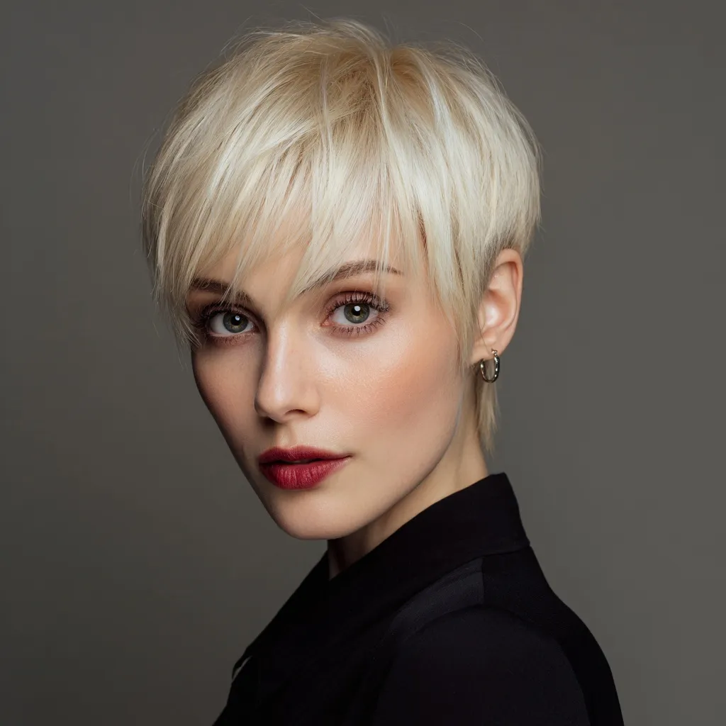 Ash-blond woman with a trendy pixie haircut styled for a professional beauty studio portfolio.