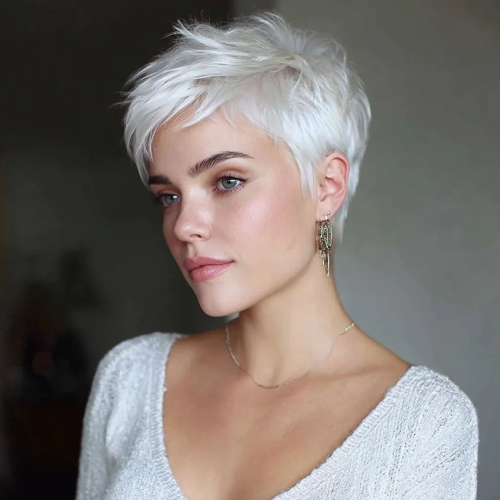 A stylish short white pixie cut hairstyle for women, featuring a trendy and chic textured top.