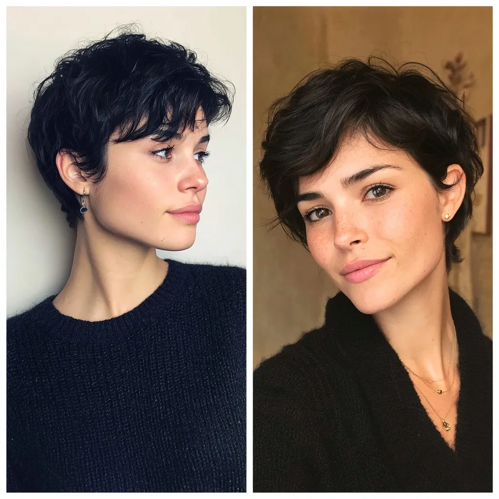 A 22-year-old woman with stylish short black pixie cut hair, captured in a professional portrait.