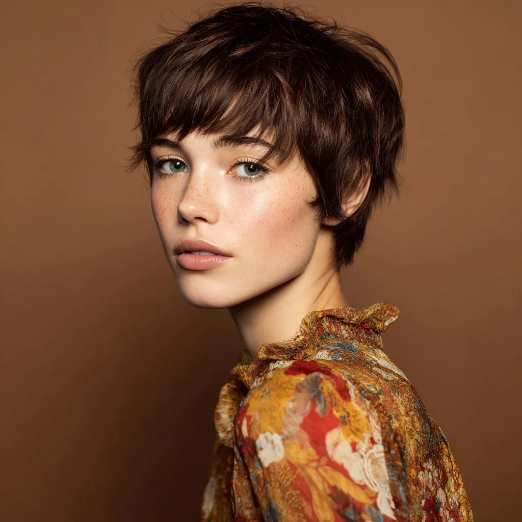 A stylish woman with a trendy long pixie cut, also known as a bixie hairstyle, posing for a professional portrait.