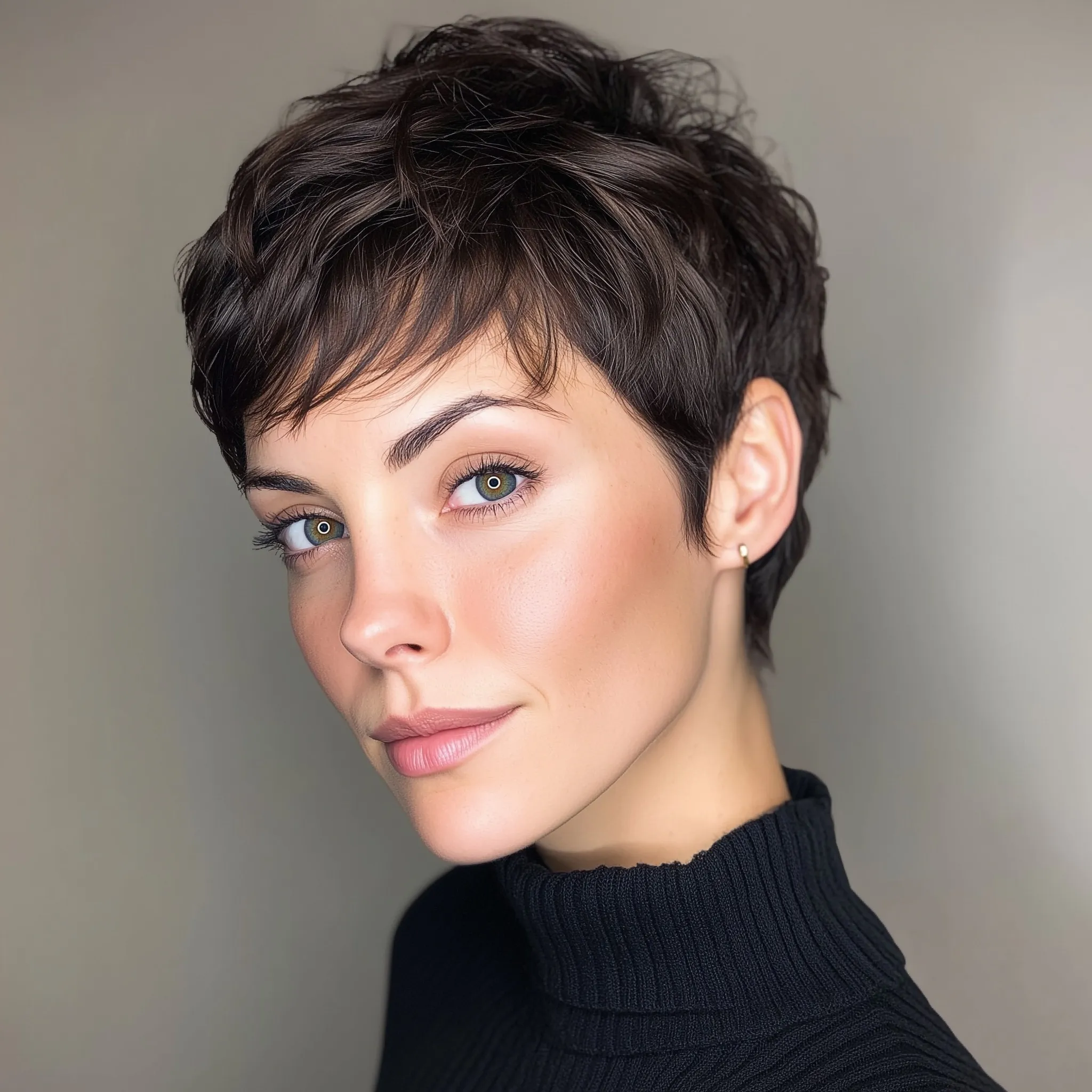 A woman with a chic, classic pixie cut hairstyle featuring short layers and a polished, modern look.