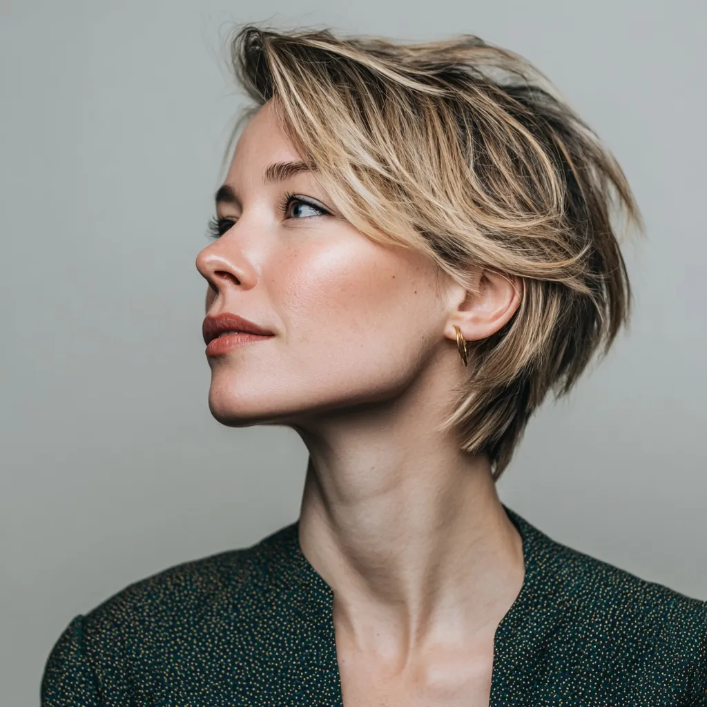 A profile view of a stylish 30-year-old woman with a trendy short pixie cut hairstyle looking away.