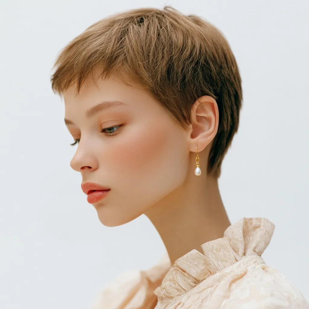A young woman with an ultra-short light brown pixie cut in a minimalist Vogue-style portrait on white background.