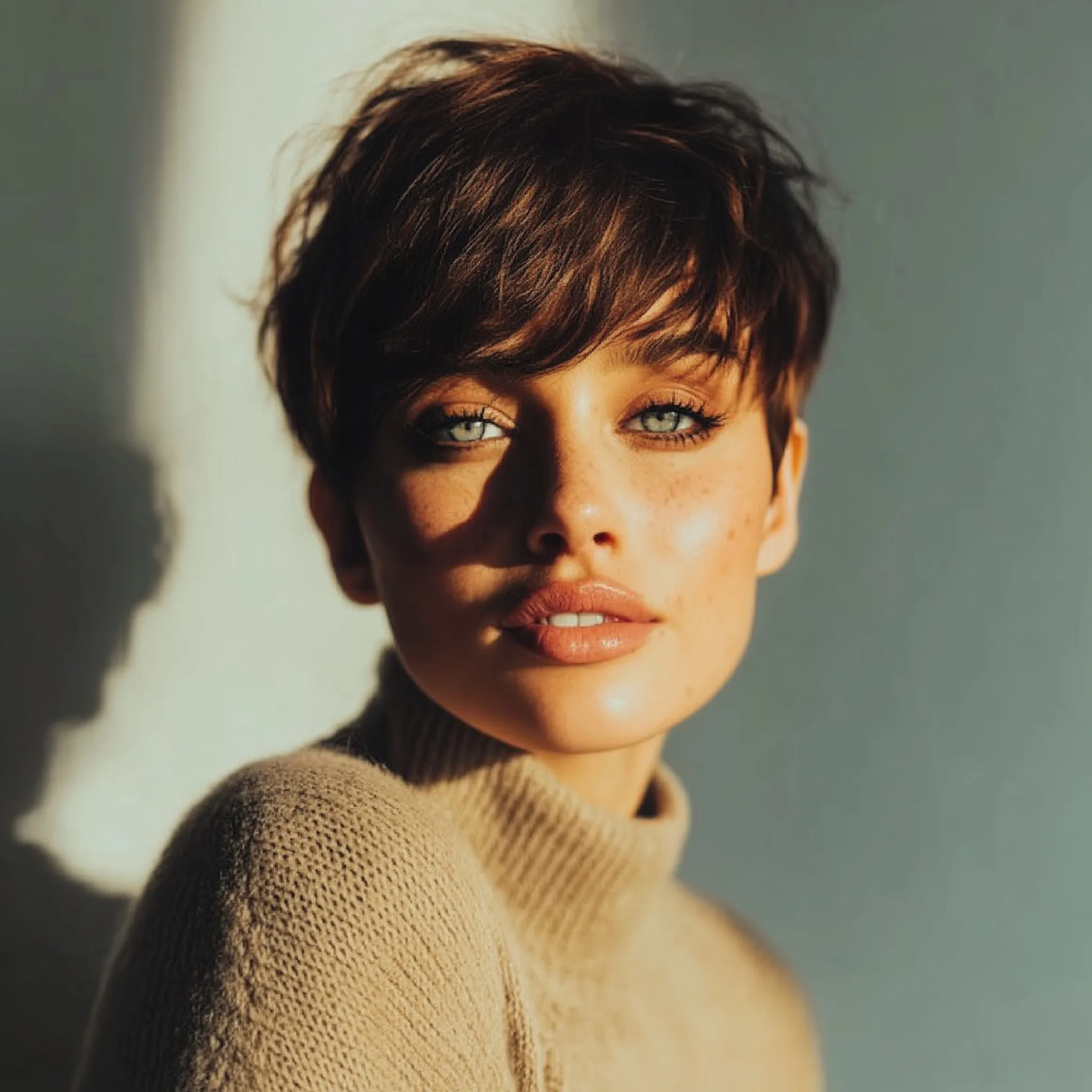 A beautiful woman facing the camera and showcasing a chic short pixie cut hairstyle with stylish bangs.