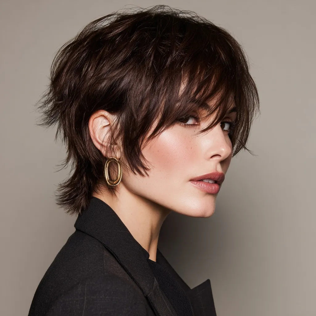 Espresso brown modern bixie haircut with soft feathered layers, curtain bangs, and wispy textured ends.