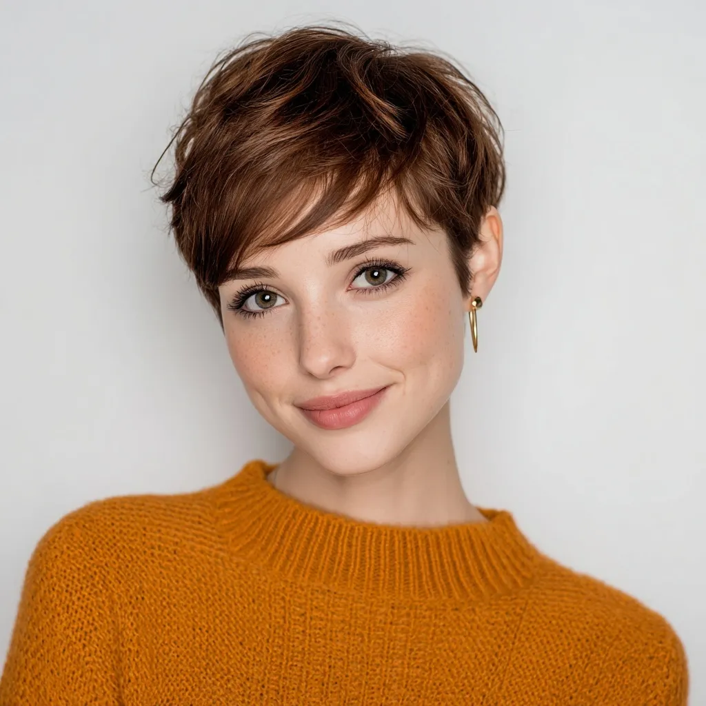 A smiling 30-year-old woman with a chestnut brown pixie cut hairstyle posing for a portrait.