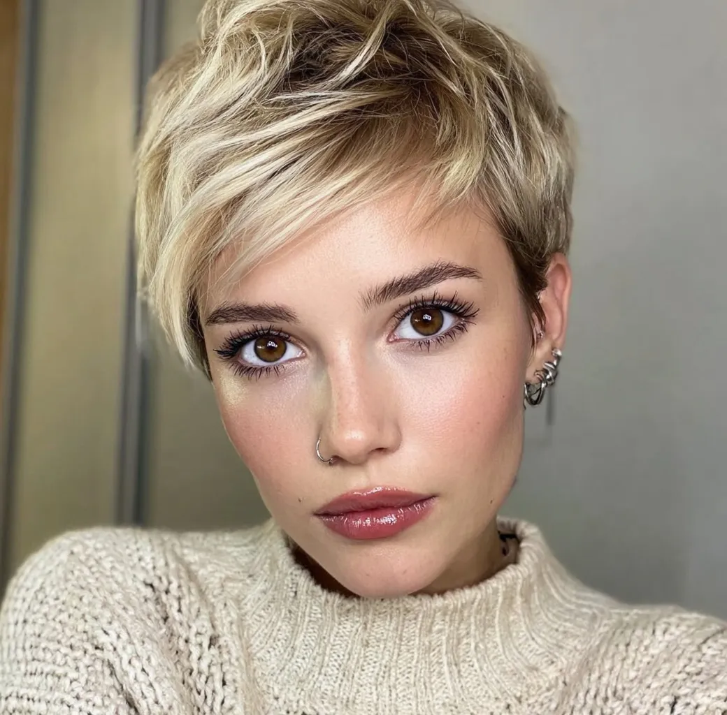 A beautiful woman with a stylish blonde pixie cut, wearing glossy lipstick and makeup, looking at the camera.