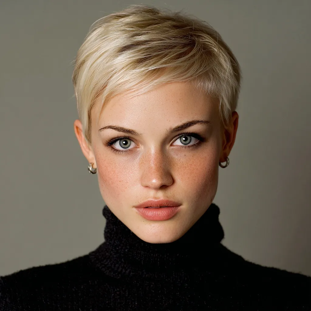 European model with a short, sleek blonde pixie cut, front view showing both ears and a polished, modern hairstyle.