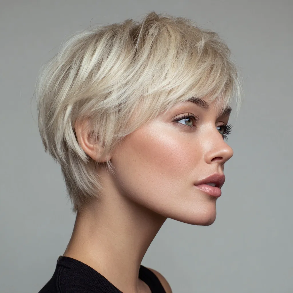 Blonde woman with a chic pixie cut hairstyle looking away against a light gray background.