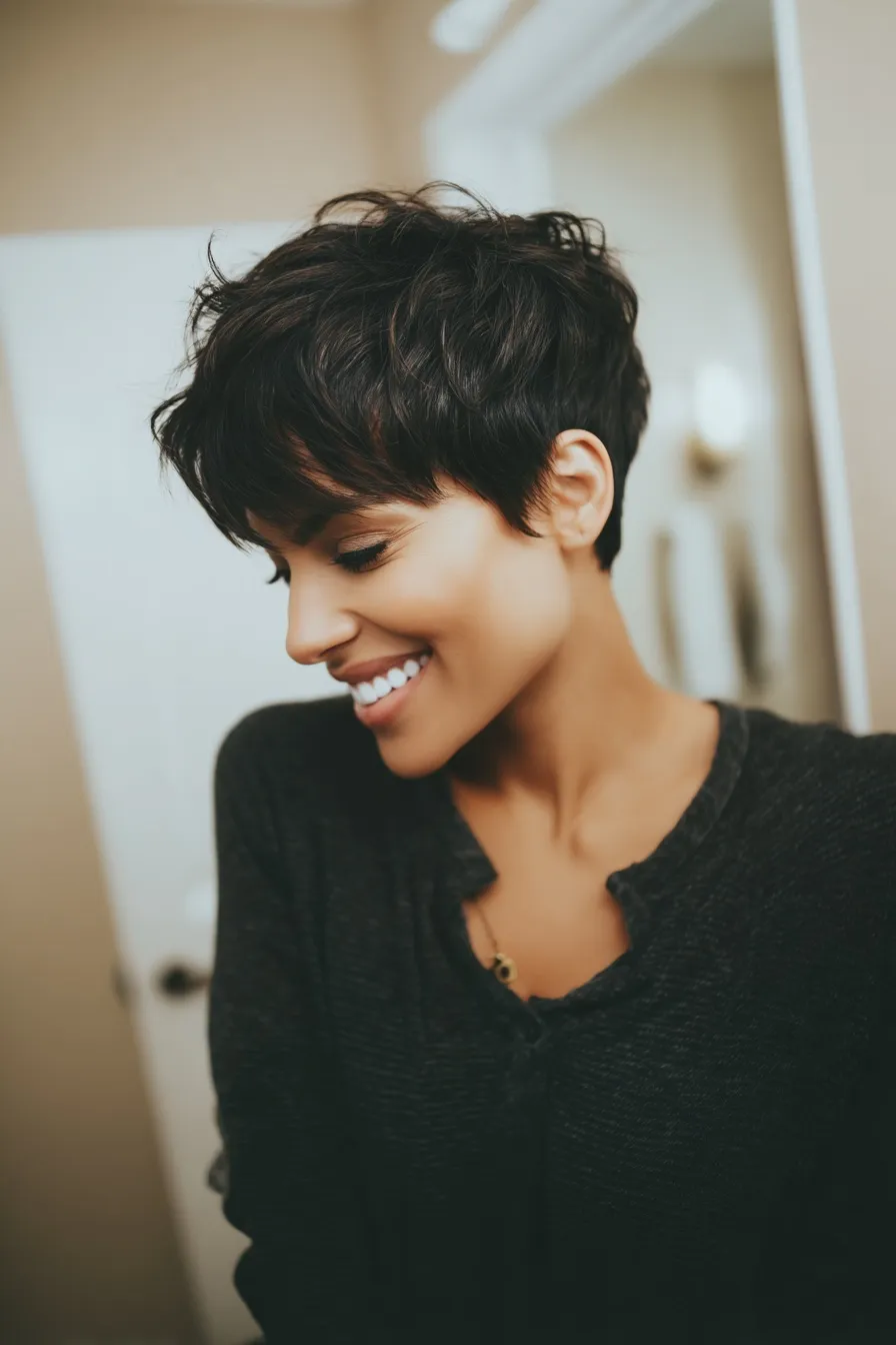 A happy woman taking an iPhone selfie featuring a textured, long crown pixie cut with black-brown hair.