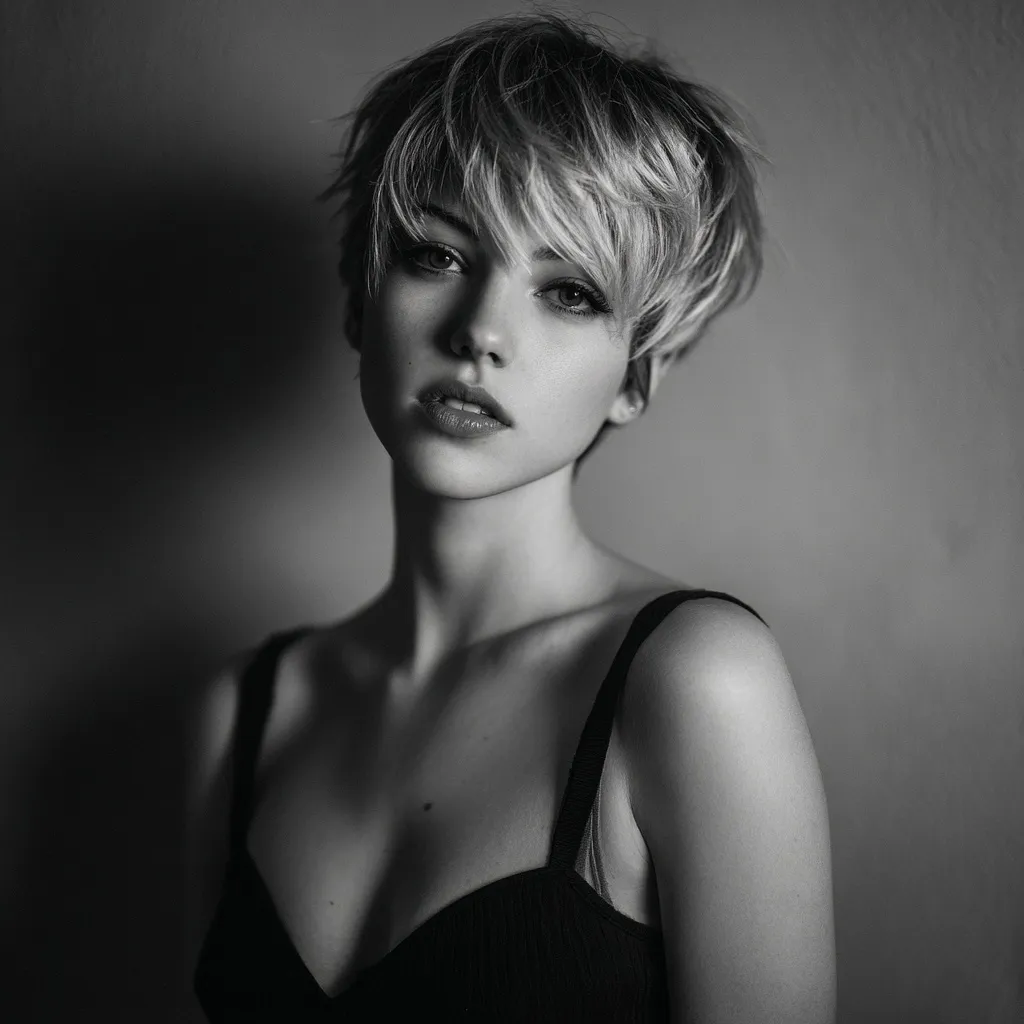 Modern pixie cut with edgy, tousled layers styled for a confident, fashion-forward studio portrait.