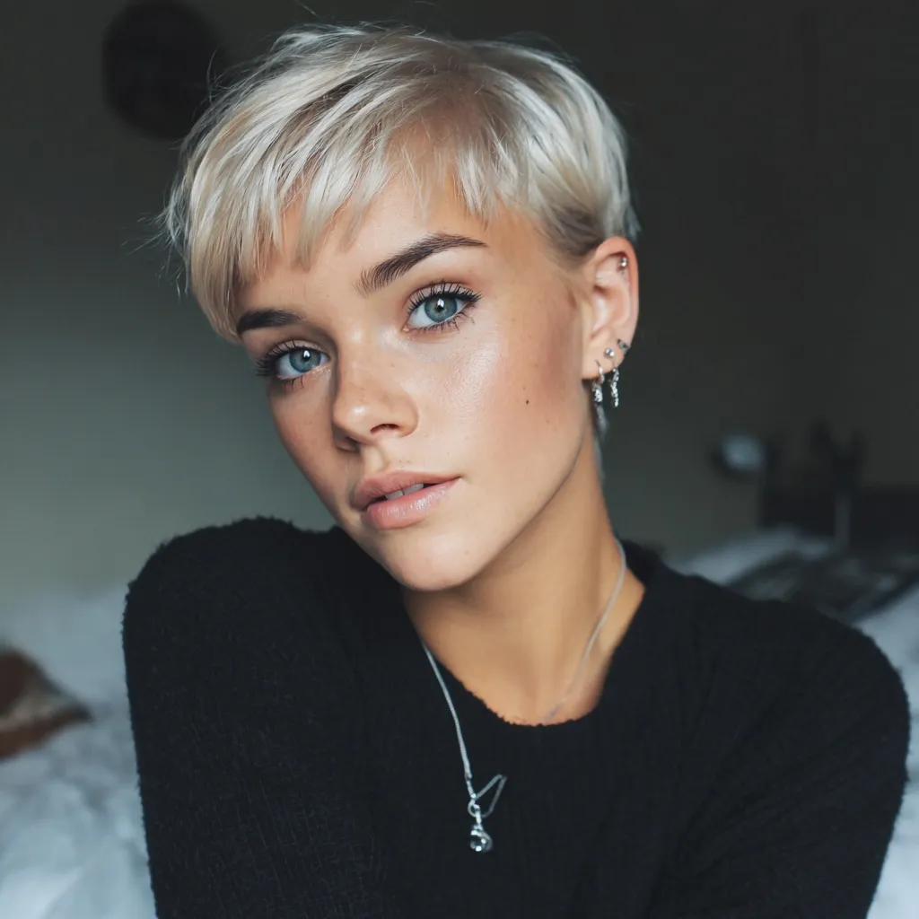 A handsome 18-year-old with a stylish blonde pixie cut hairstyle and a short black undercut.