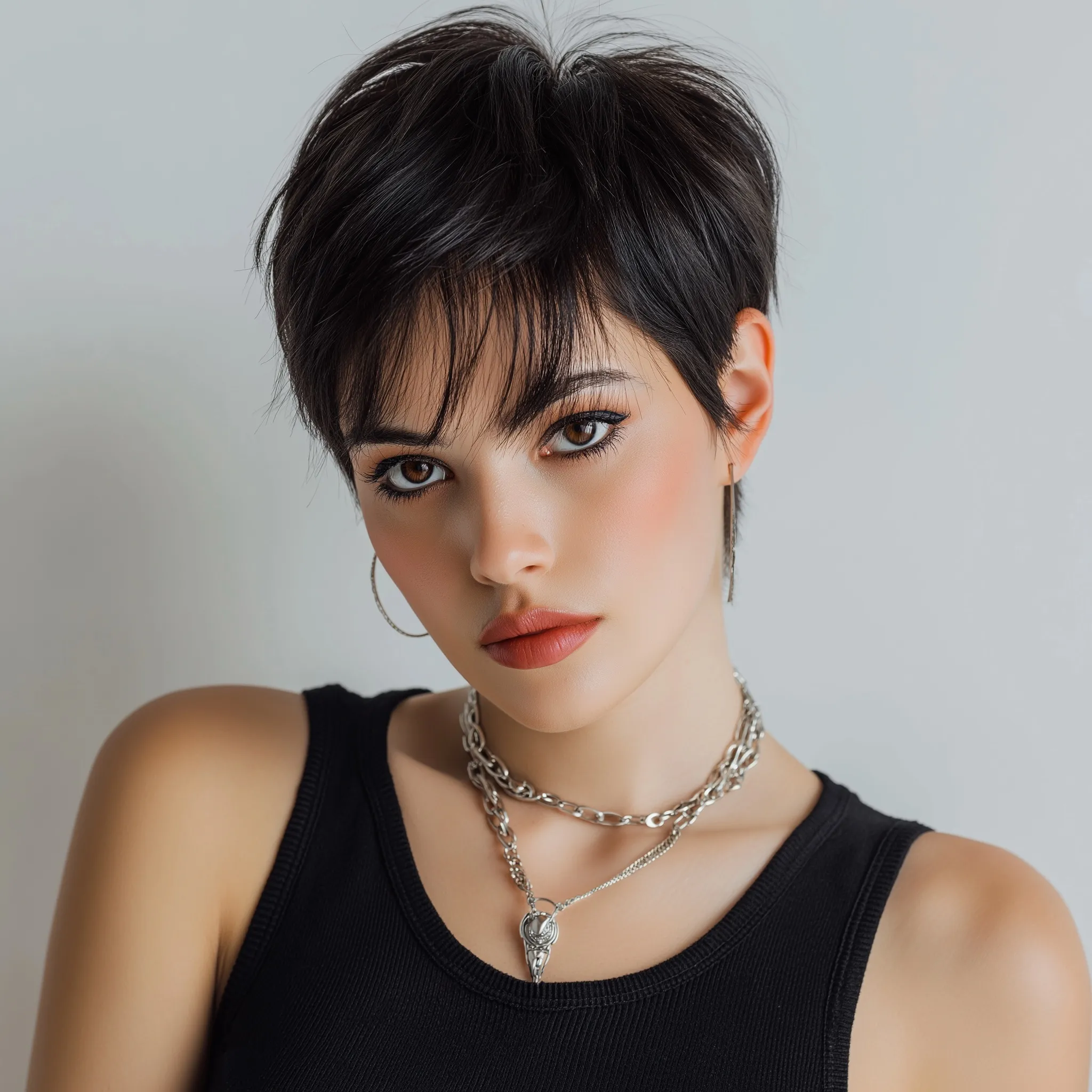 Close-up portrait of a young woman with a trendy pixie cut hairstyle and healthy glowing skin.
