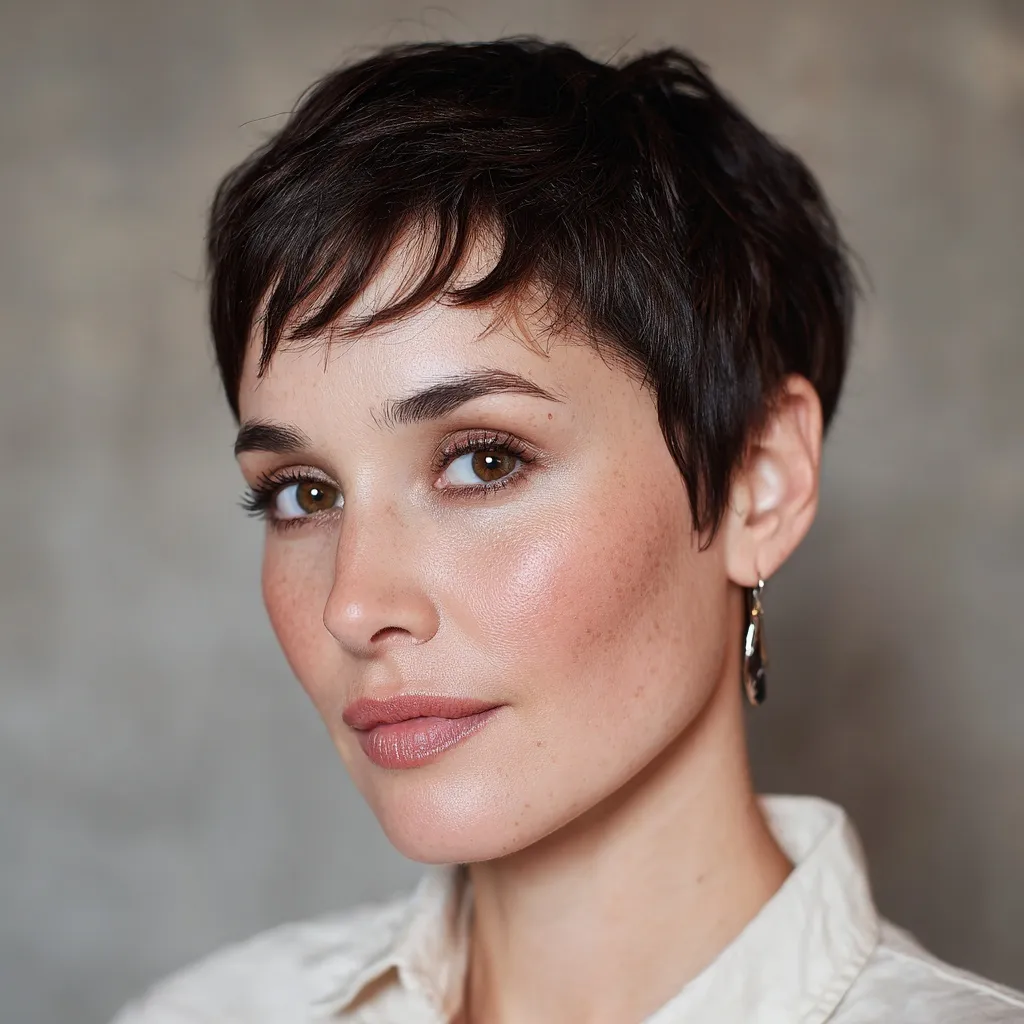 A sophisticated 40-year-old woman with a brunette pixie cut, dressed for an evening at the theater.