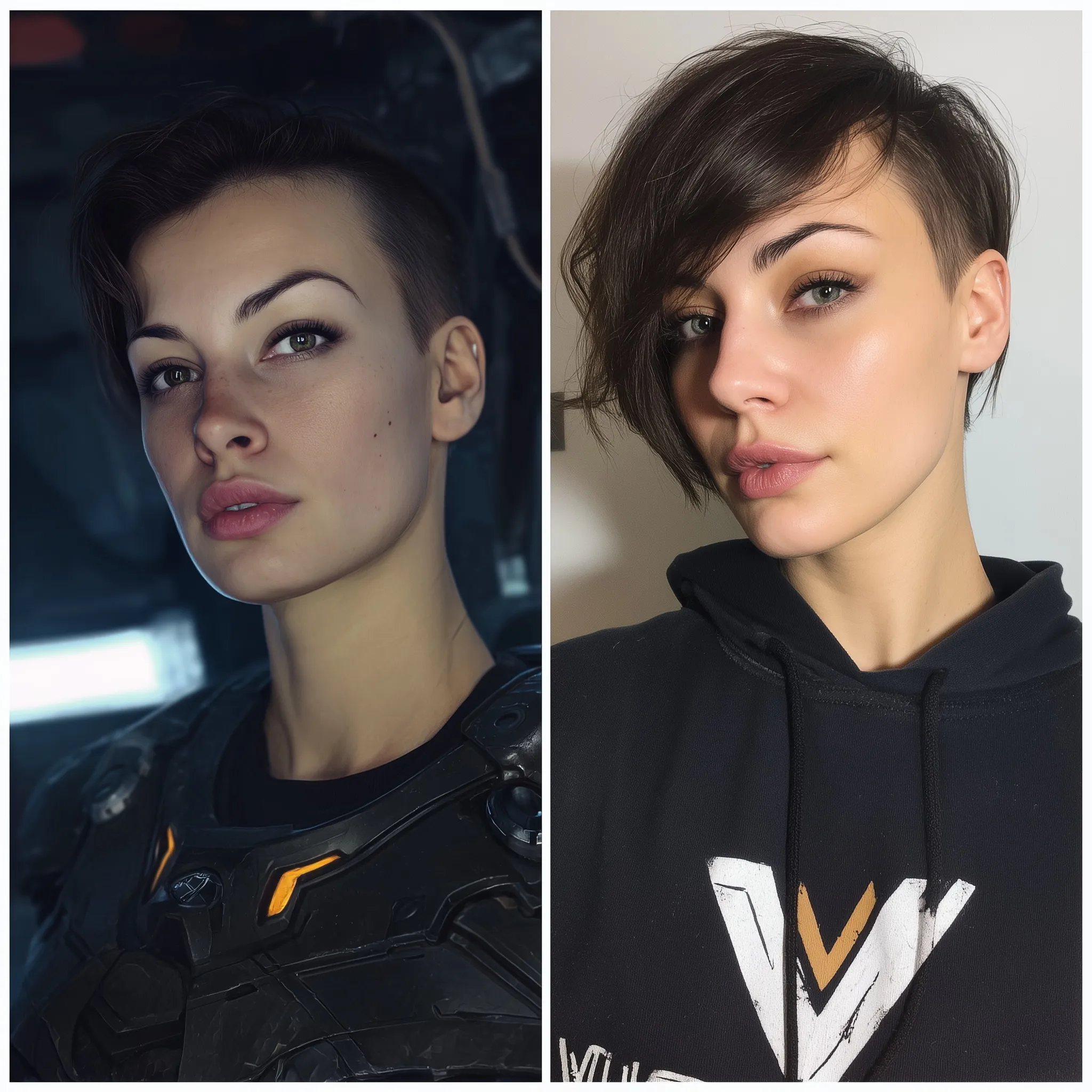 A stylish woman with a trendy, short blonde pixie cut hairstyle posing confidently.