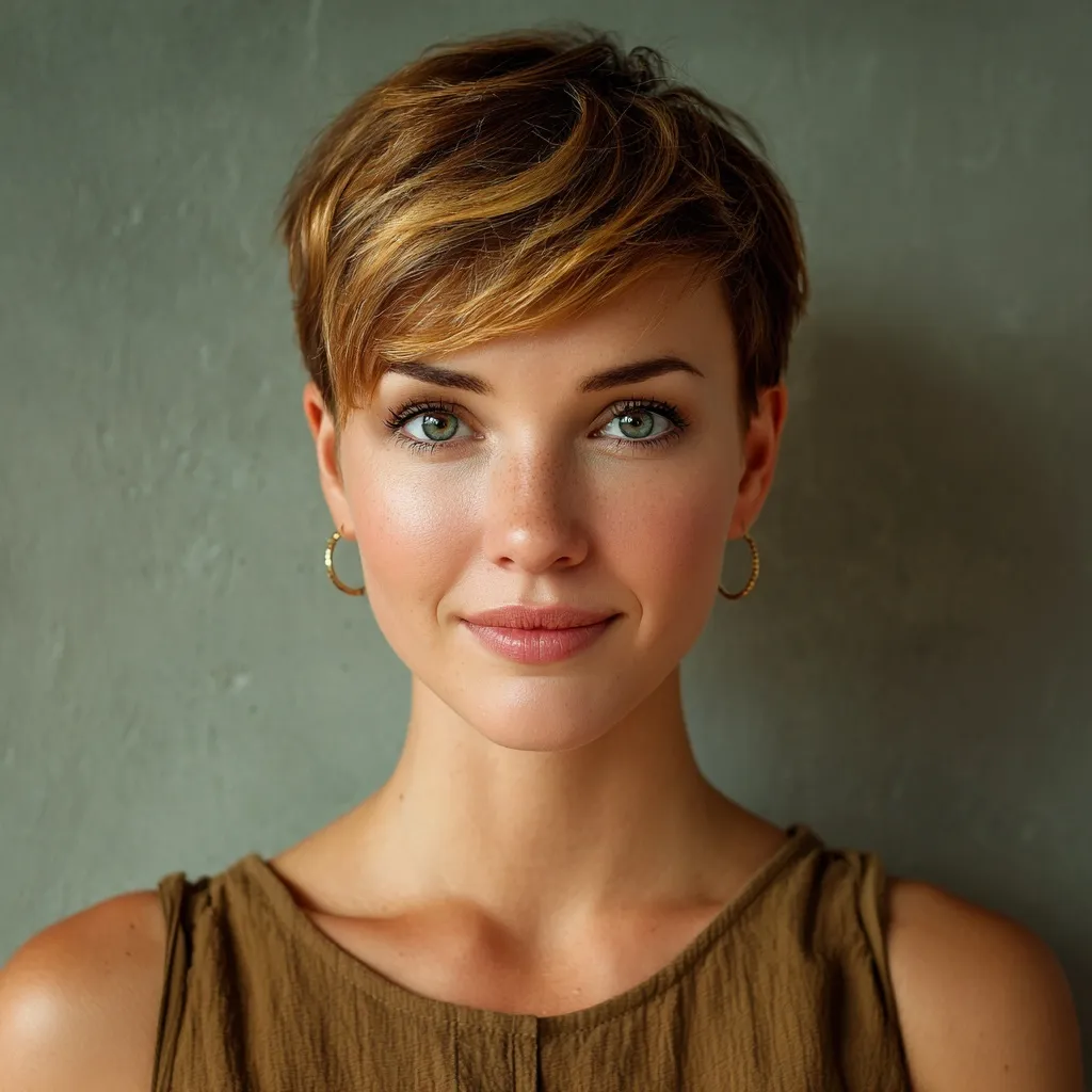 An attractive 30-year-old Australian woman with a stylish, short pixie cut hairstyle.