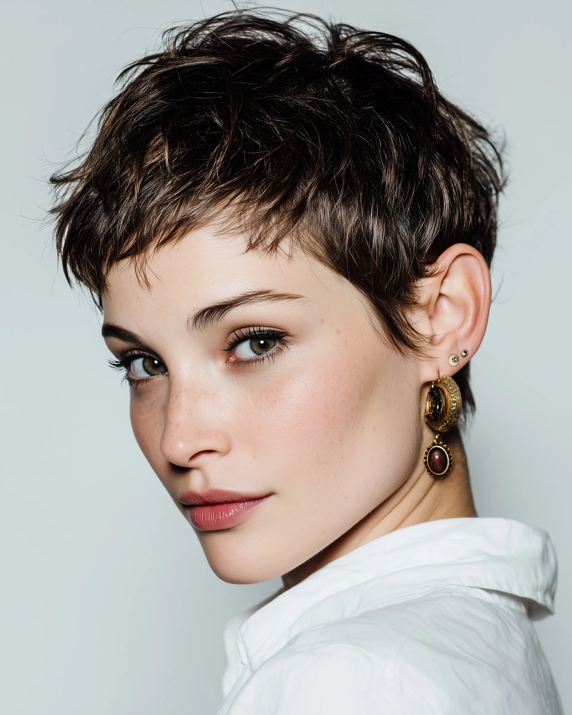 Studio portrait of a beautiful French woman with a stylish pixie cut hairstyle against a clean white background.