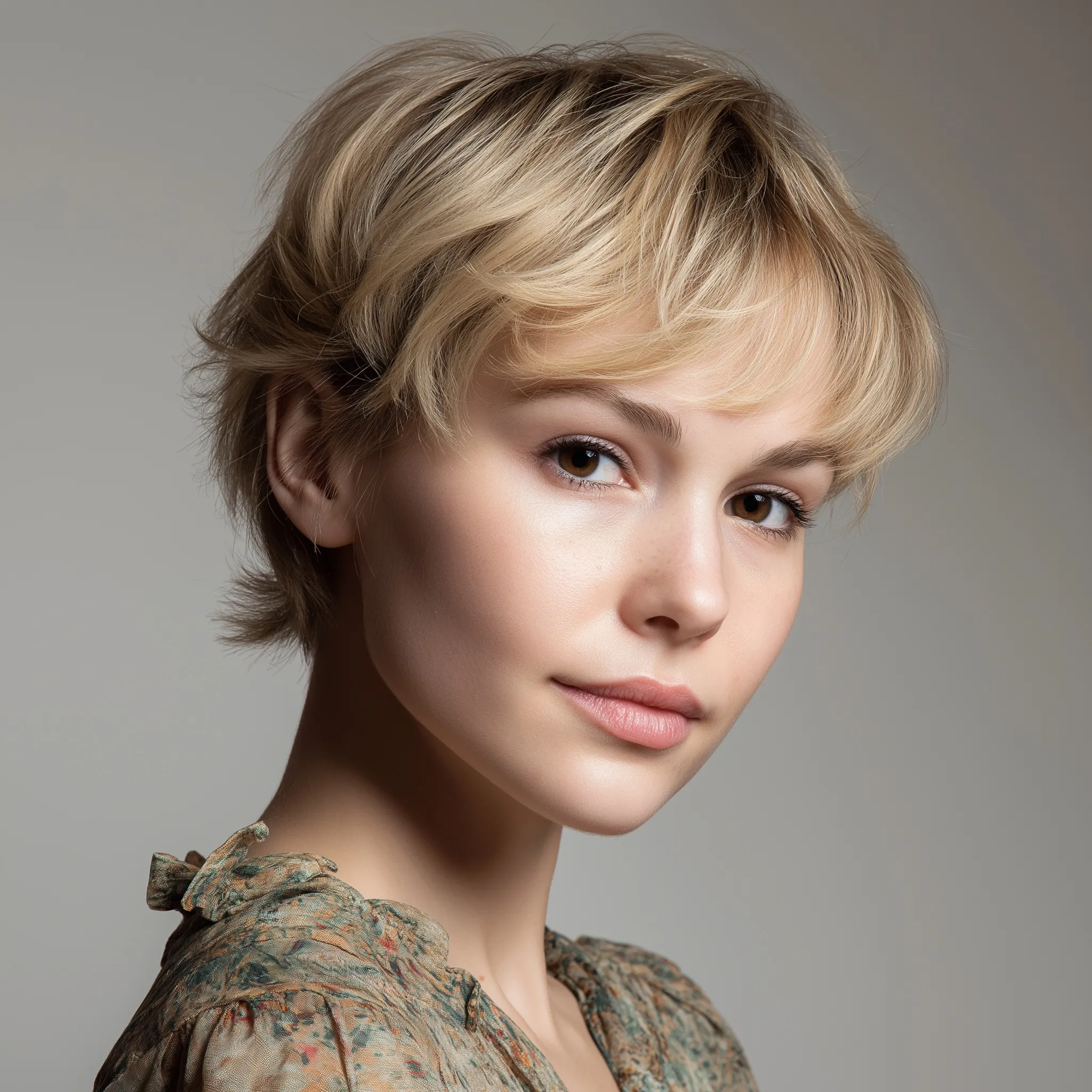 Portrait of a smiling young woman with a blonde pixie cut, professional studio lighting and neutral grey background.
