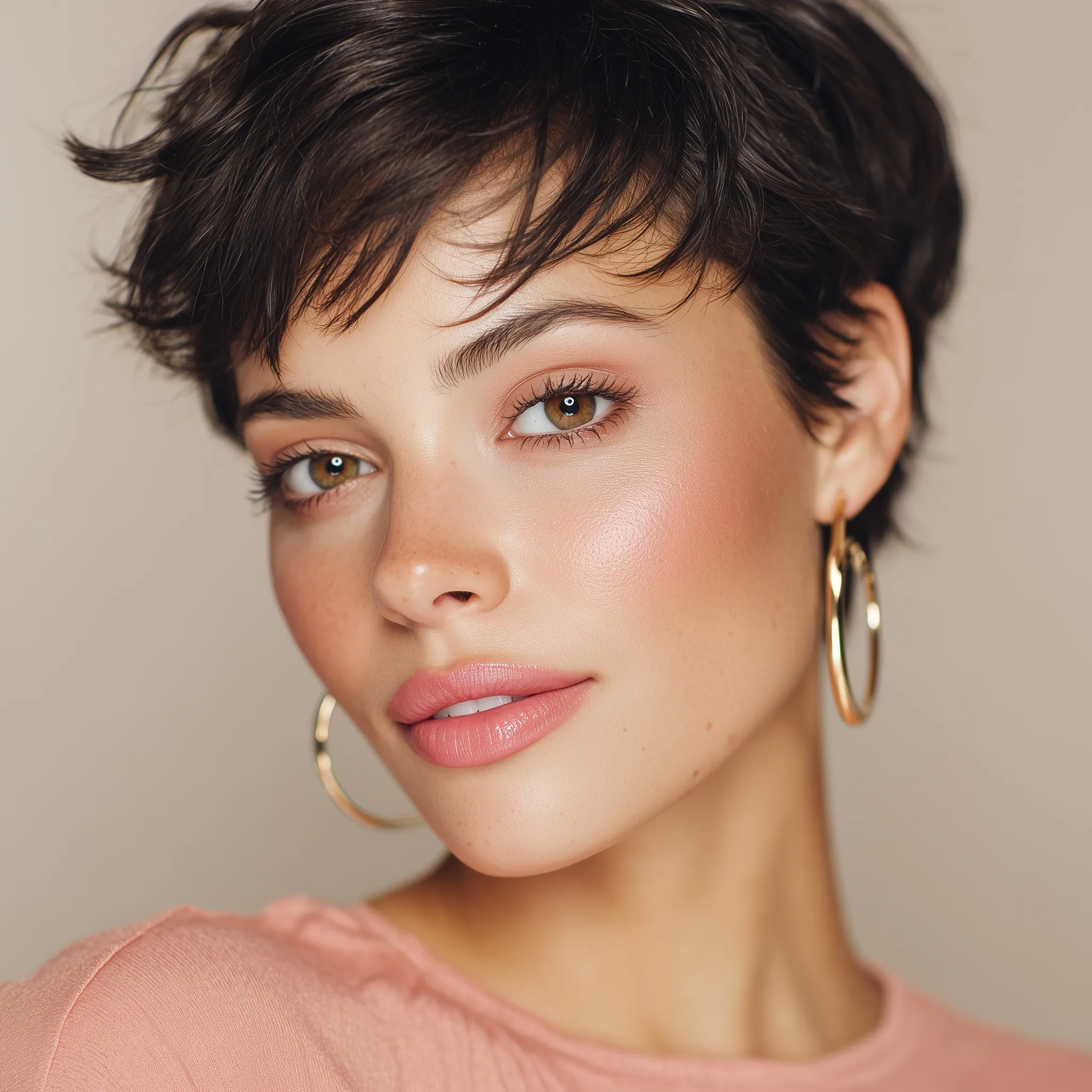 Portrait of a woman with a trendy pixie cut, gold hoop earrings, and natural makeup in soft pastel colors.