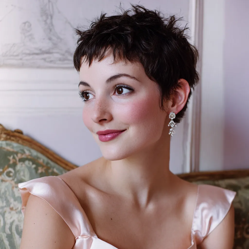 Aristocratic woman with a chic dark pixie cut wearing a satin dress and diamond jewelry in a vintage hotel setting.
