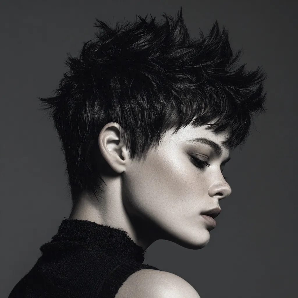 A woman with a stylish short spiky pixie cut featuring choppy textured layers and neat tapered sides.
