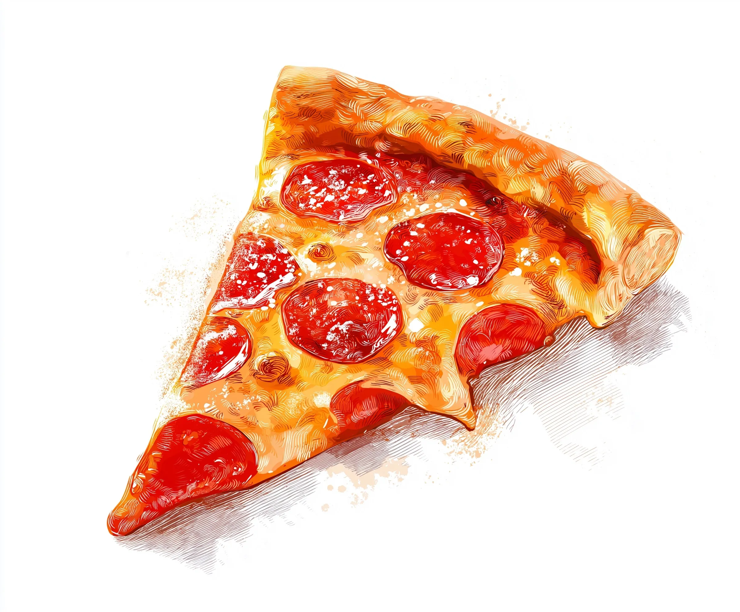 Vintage watercolor pepperoni pizza slice illustration on a white background, soft pastel aesthetic.