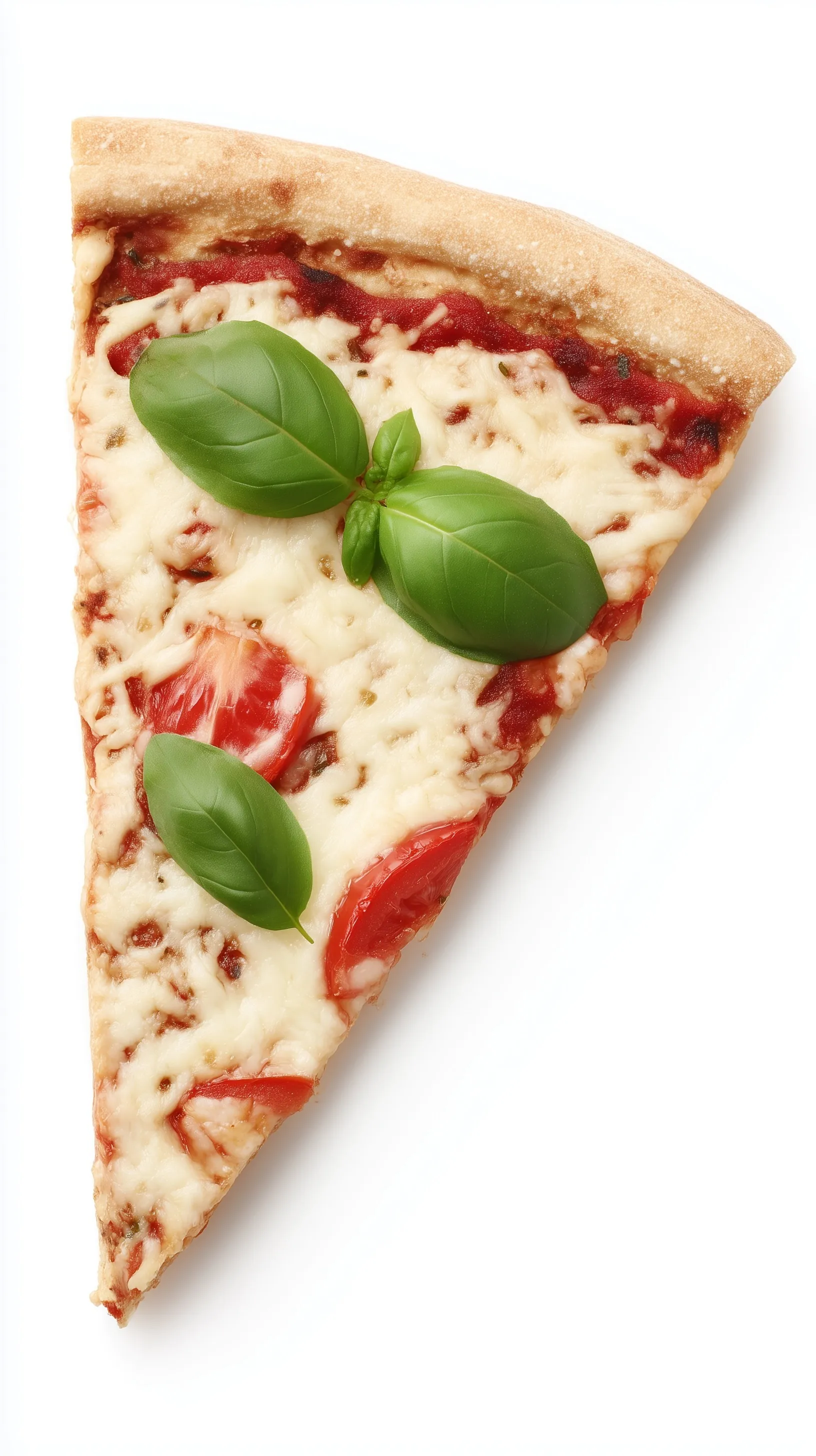 A single slice of margherita pizza with melted cheese, tomato, and basil on a white background.
