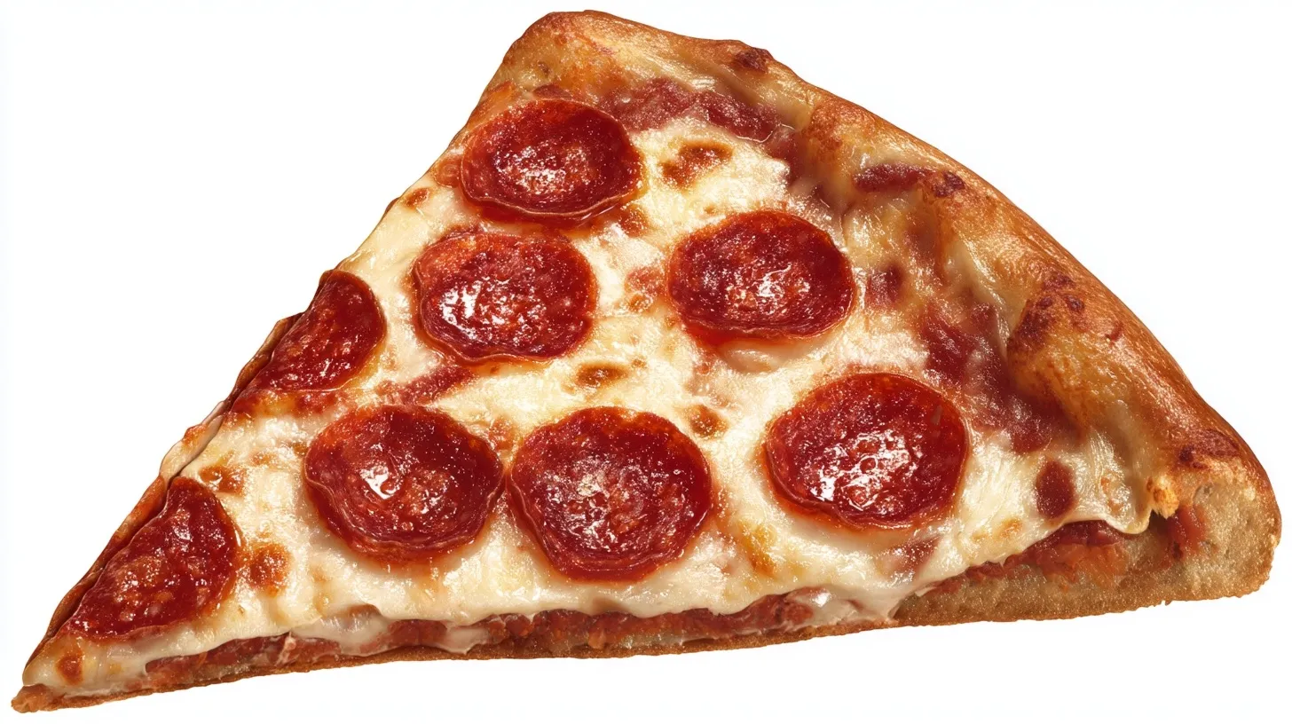 A single slice of delicious pepperoni pizza with melted cheese isolated on a white background.