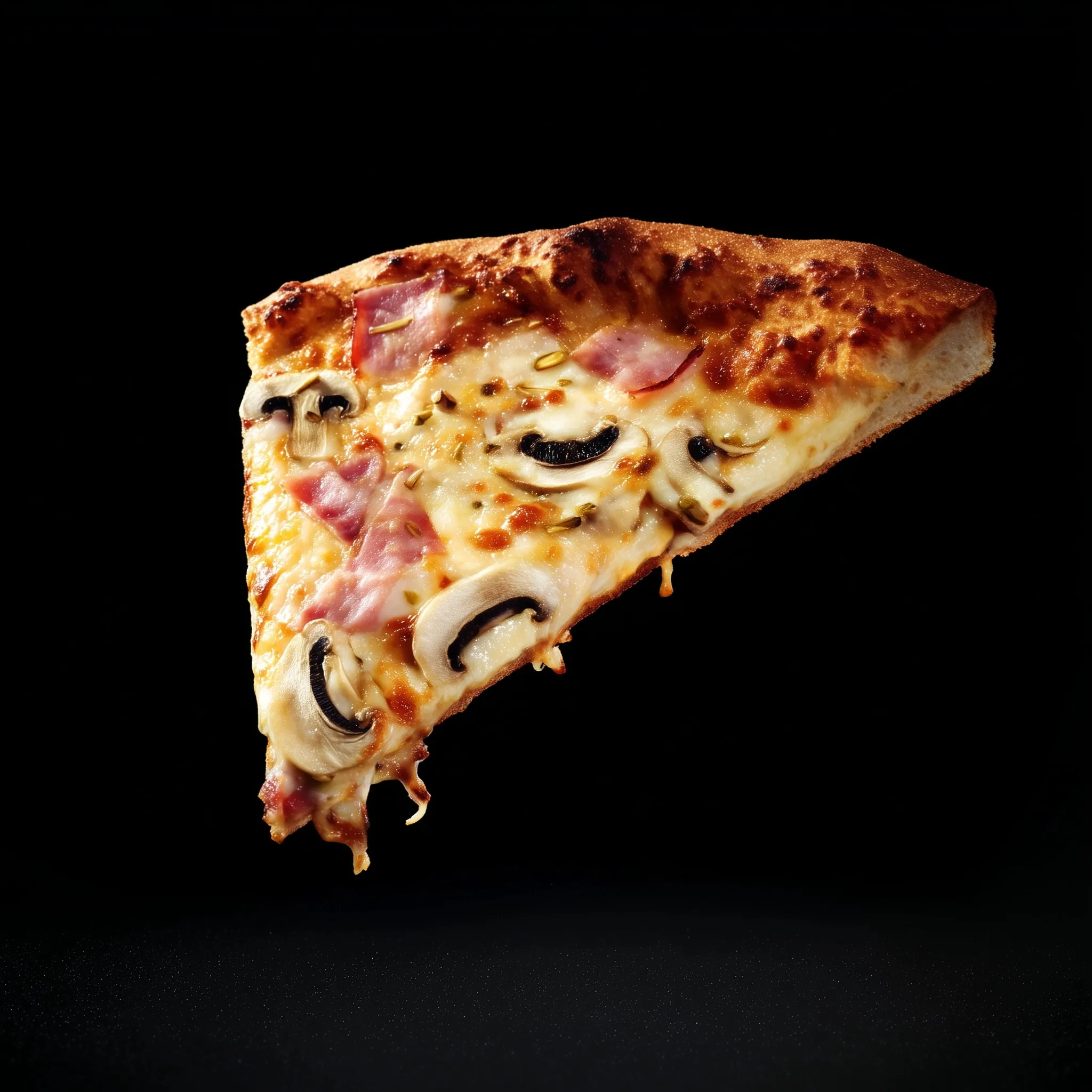 A delicious slice of mushroom and ham pizza floating against a solid black studio background.