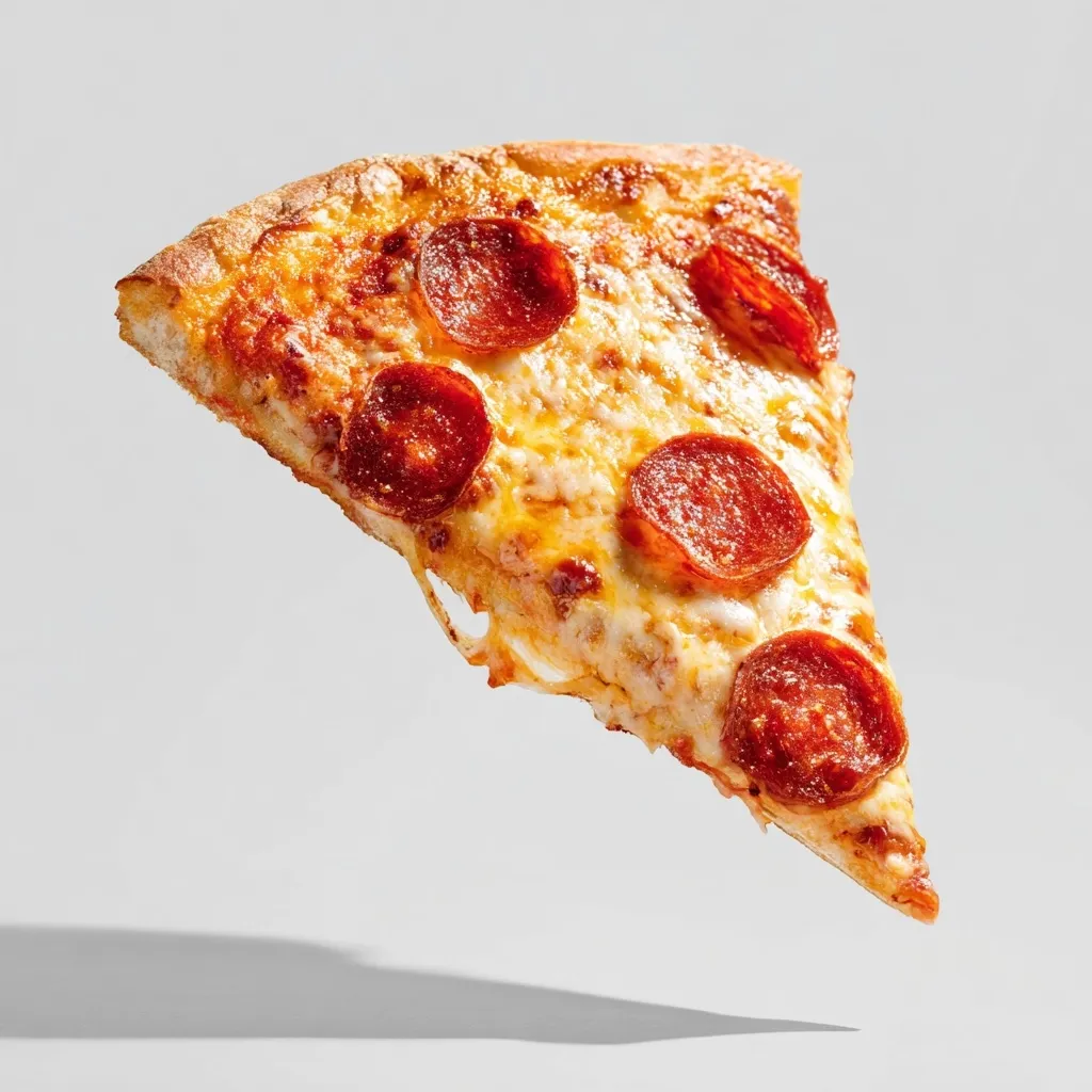 A vibrant pepperoni pizza slice floating against a clean white background with melted cheese and crispy edges.