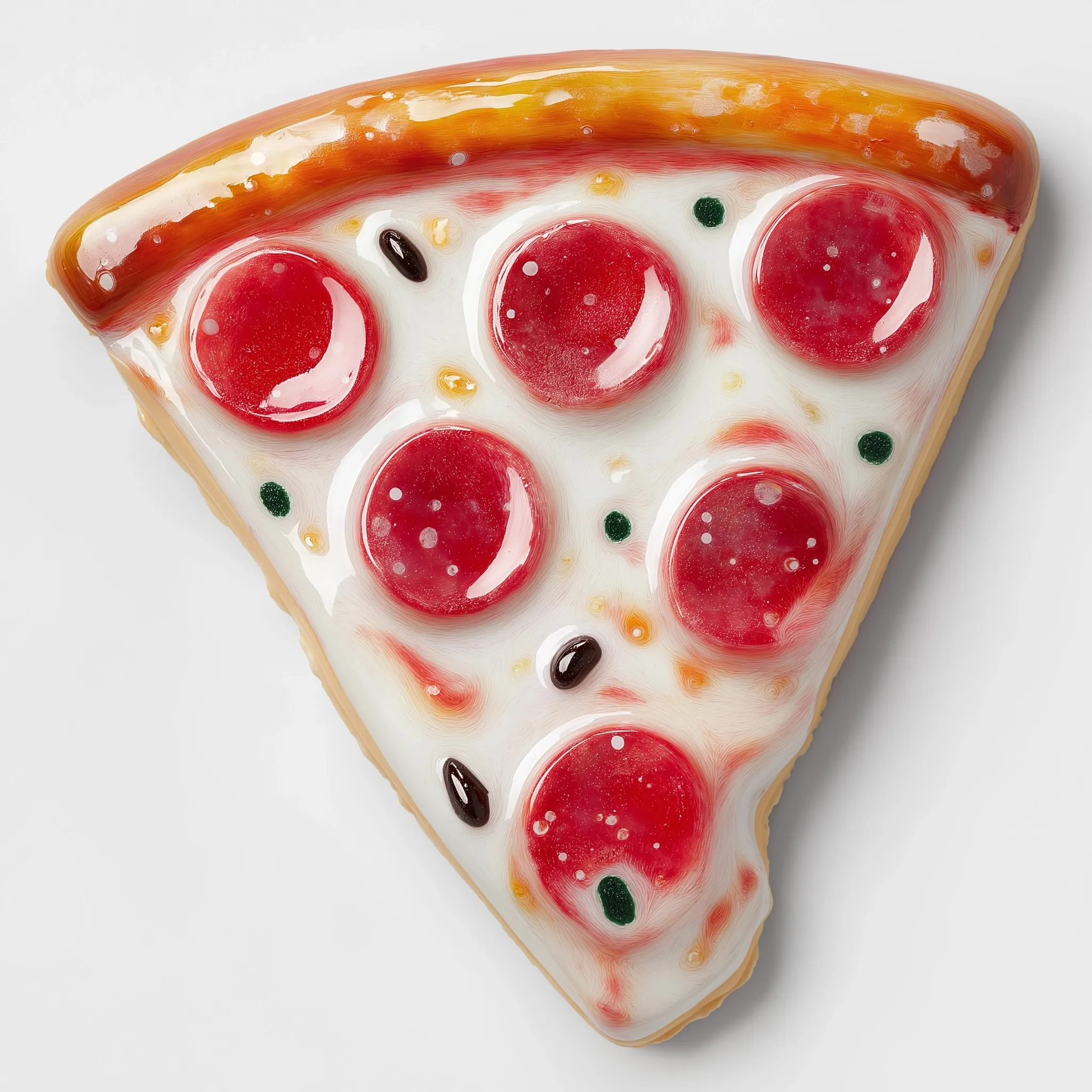 A hyper-realistic plastic pizza slice toy against a clean white background, captured from a top-down view.