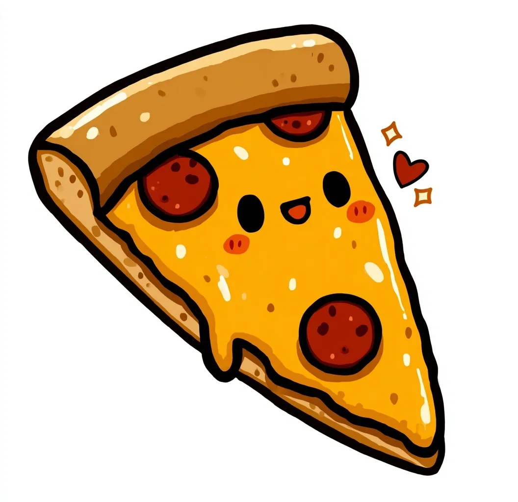 Cute kawaii pizza slice vector illustration with flat colors on a white background.