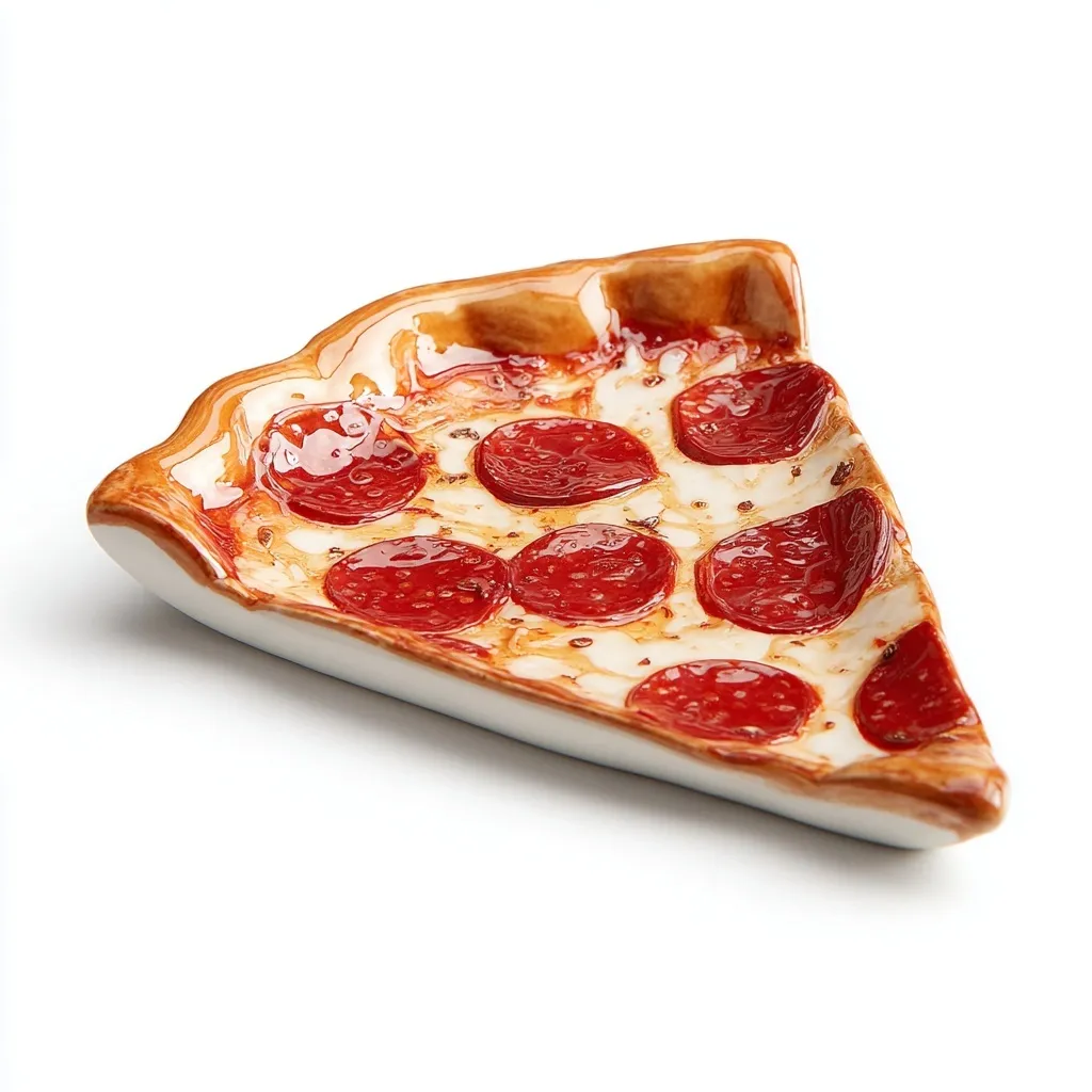 A photorealistic pizza slice shaped ceramic plate isolated on a white background.