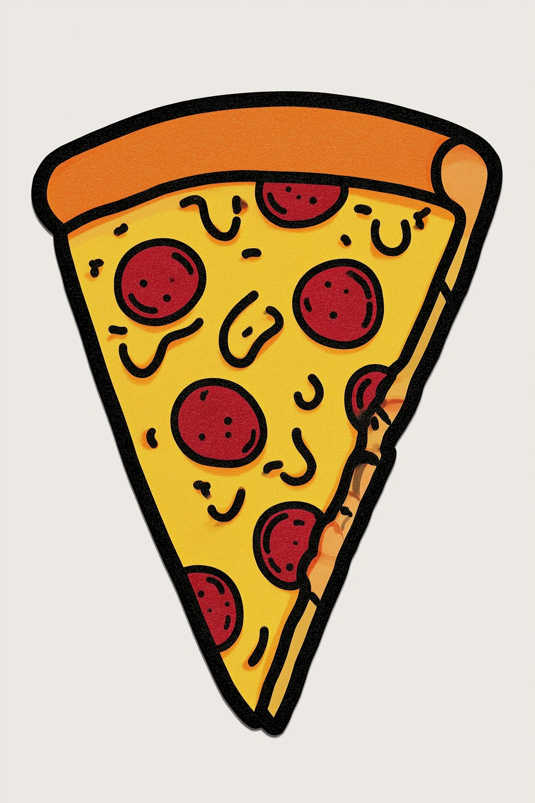 A top-down view of a delicious cartoon pizza slice with melted cheese and pepperoni on a plain background.