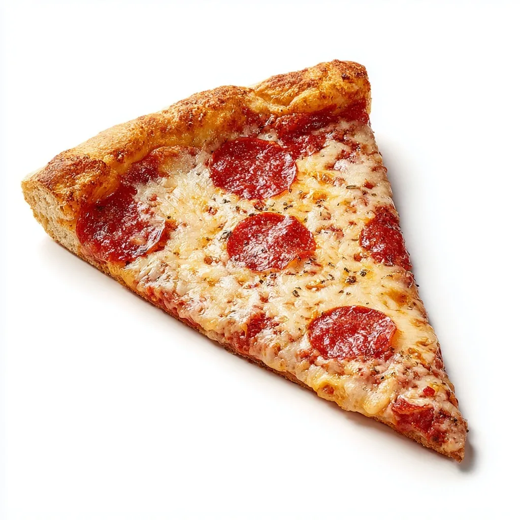 A thin crust New York style pizza slice captured in a 3/4 side view against a clean white background.