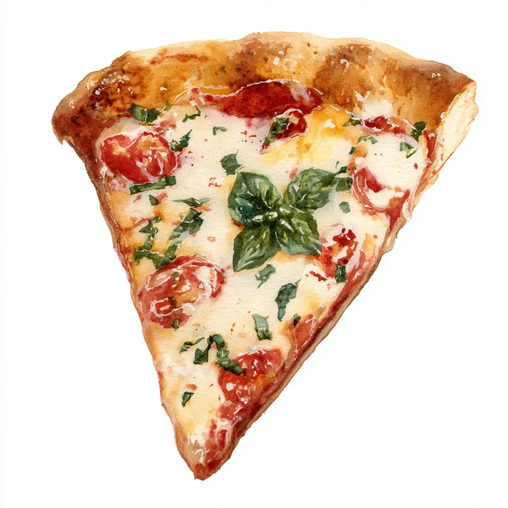 A delicious watercolor illustration of a single pizza slice isolated on a clean white background.
