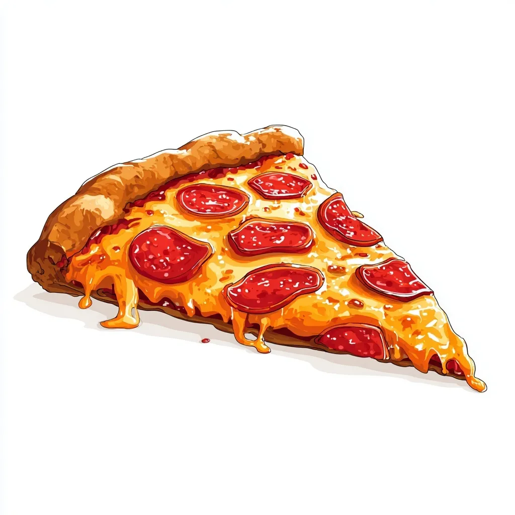 A colorful 2D vector illustration of a pizza slice isolated on a clean white background.