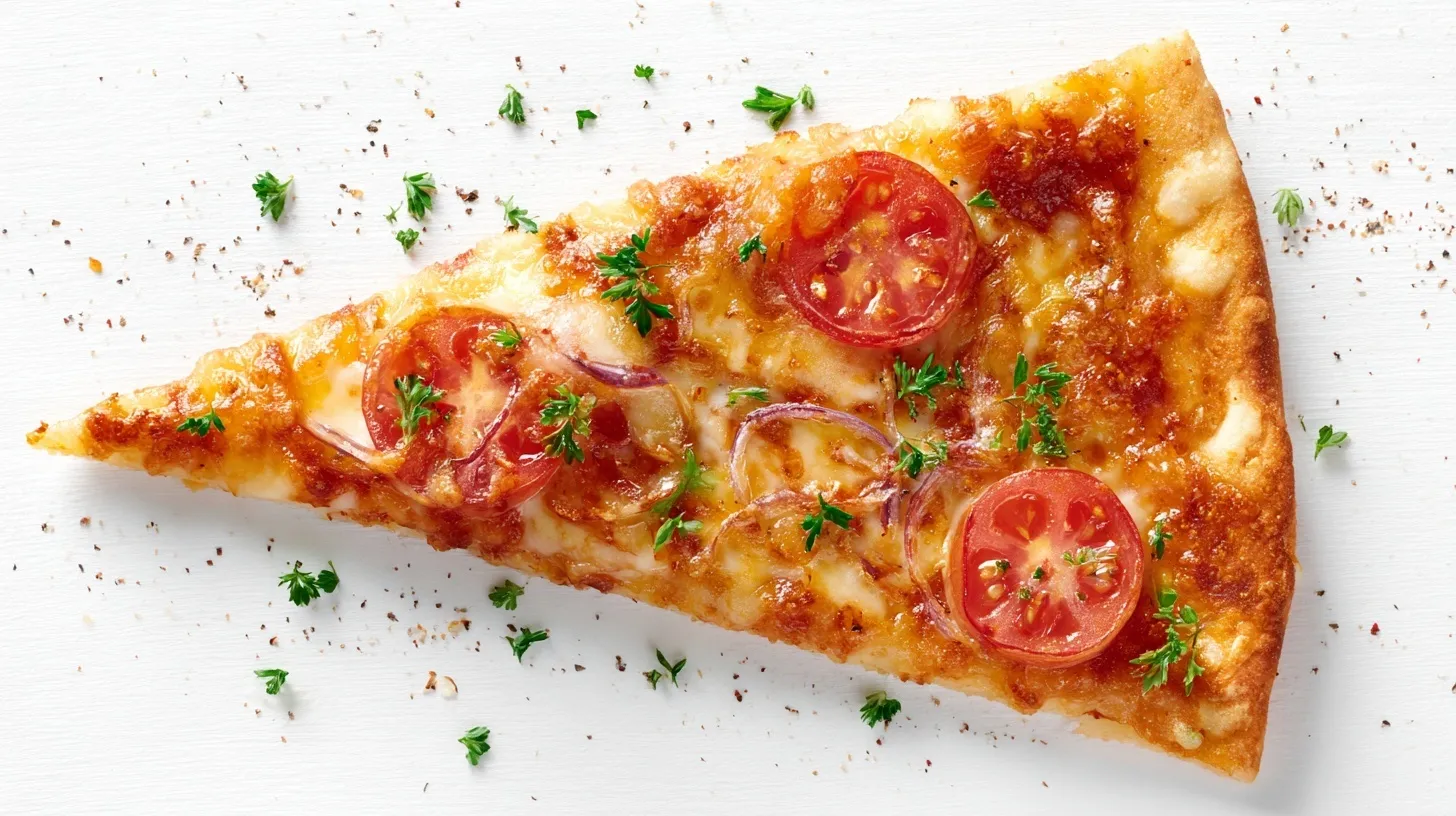 A top-down close-up of a cheesy flatbread pizza slice isolated on a clean white background.