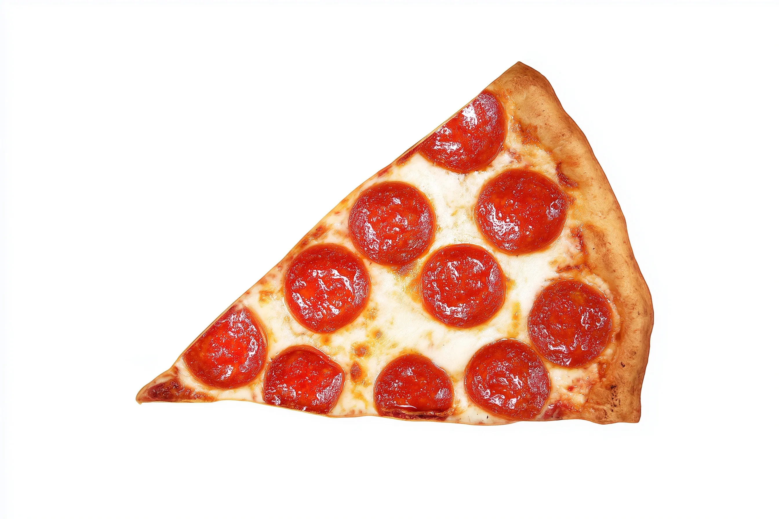 A vertical top-down view of a single pepperoni pizza slice on a clean white background.