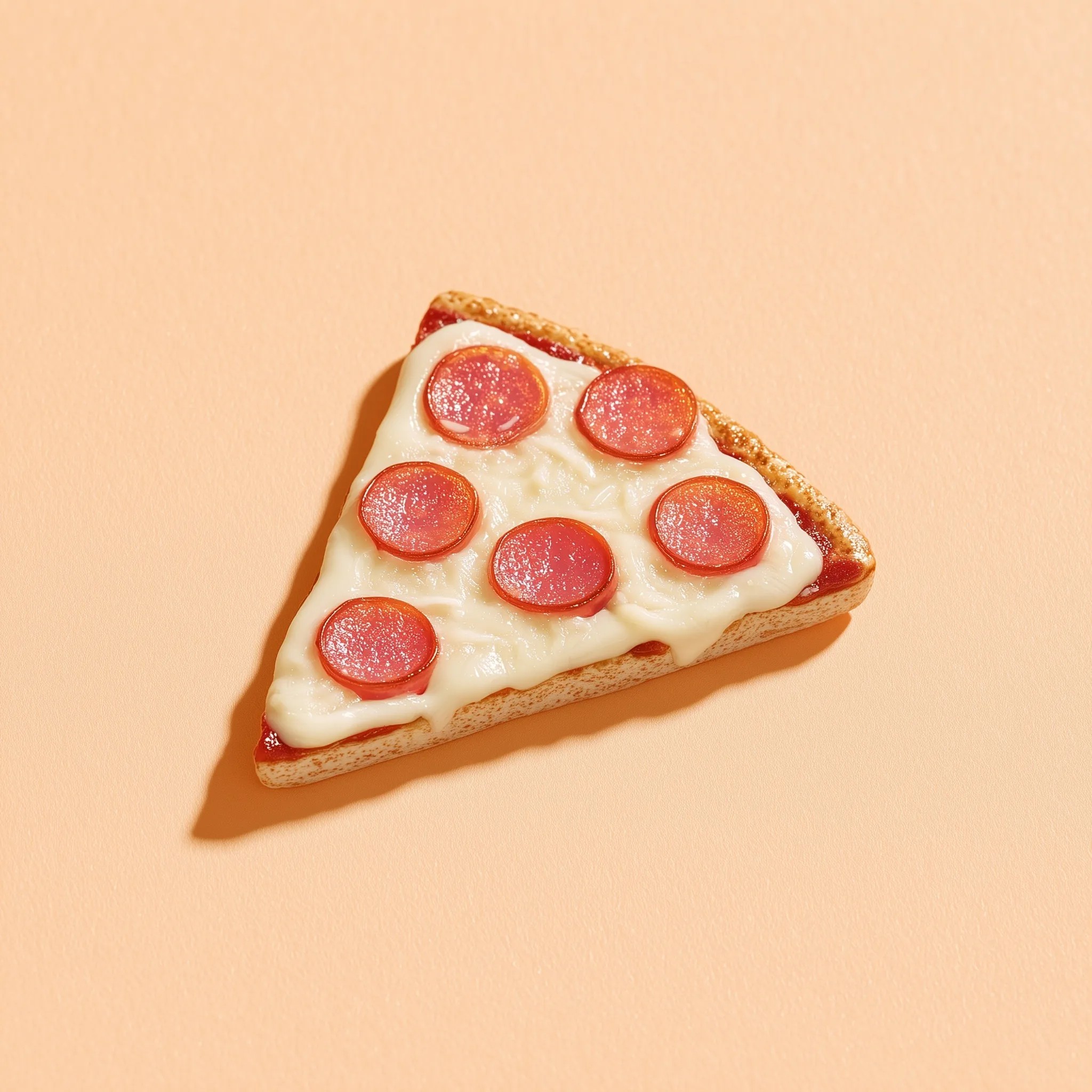 A mini pizza slice with melted mozzarella cheese viewed from above on a solid pastel peach background.