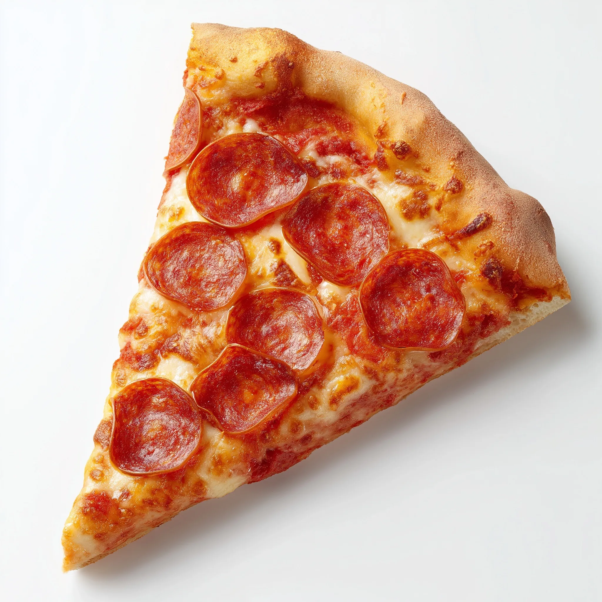 A delicious pepperoni pizza slice isolated on a clean white background, professional studio food photography.